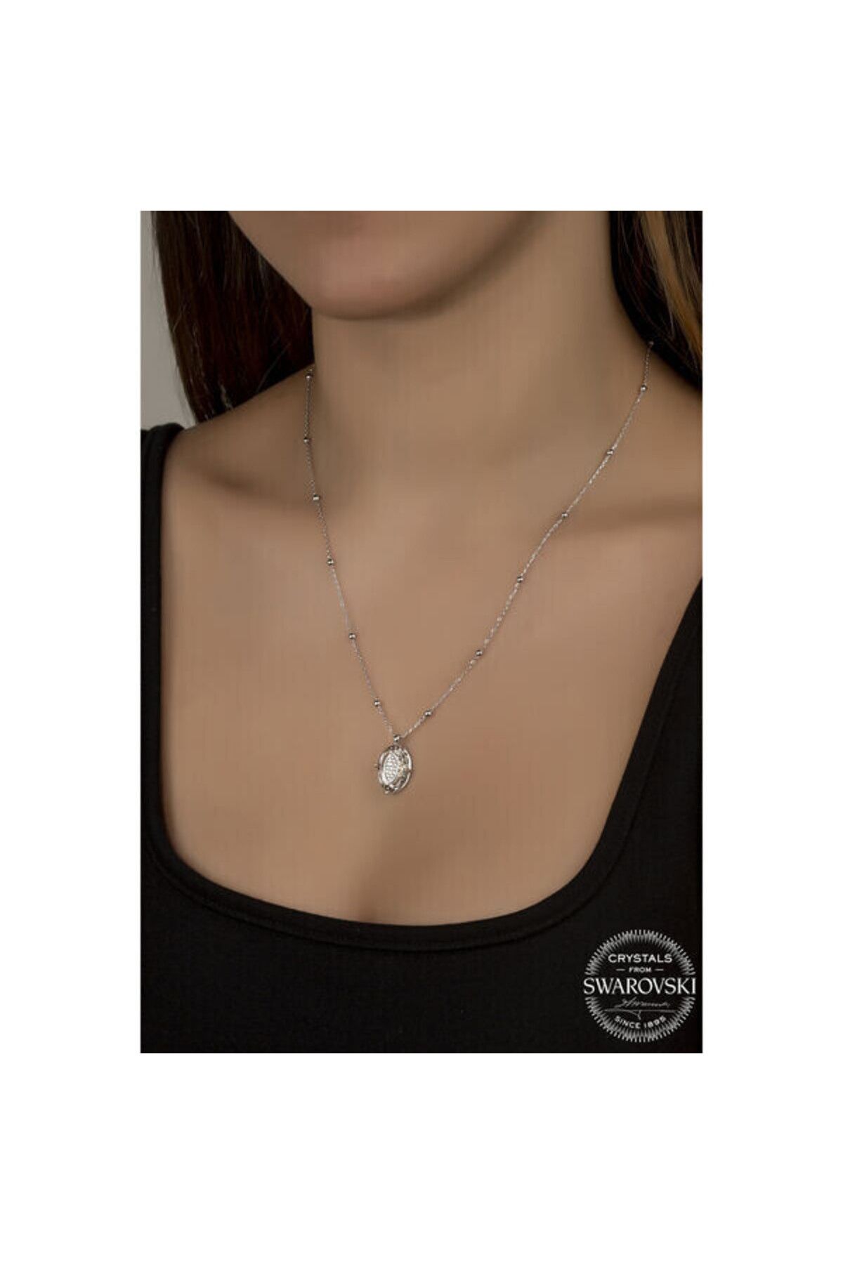 shop Crystal Taşlı Top Zincir Oval 925 Ayar Gümüş Kolye