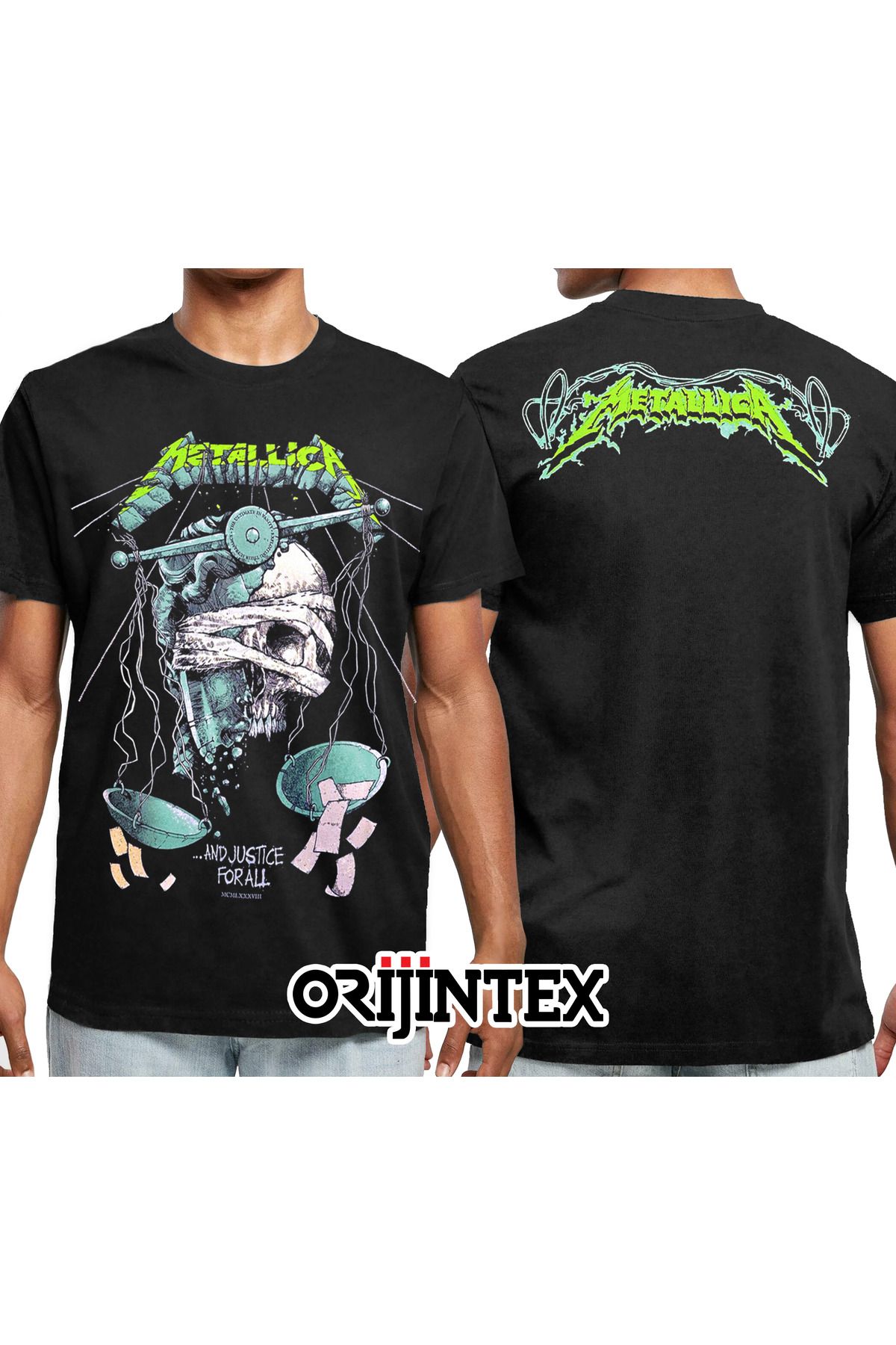 orijintex Metallica And Justice For All Skull Ön Arka Baskılı Unisex Tshirt