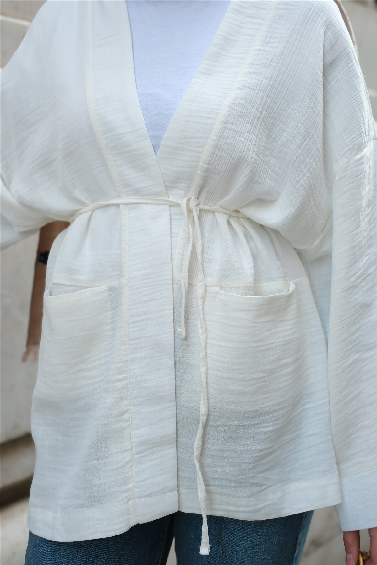LOCCO-Women's Pocket Detailed Linen Kimono Ecru 6
