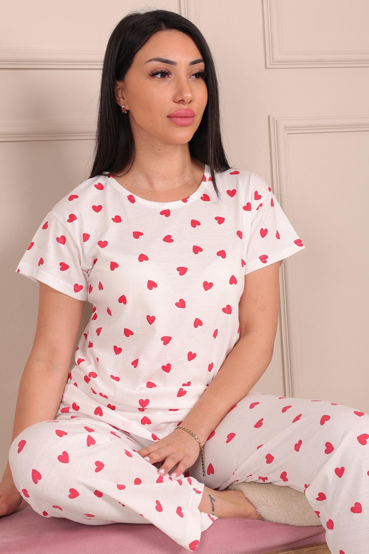 Niket Life Kadın Kalp Desenli Kısa Kol Altı Uzun Penye Pijama Takımı BEYAZ
