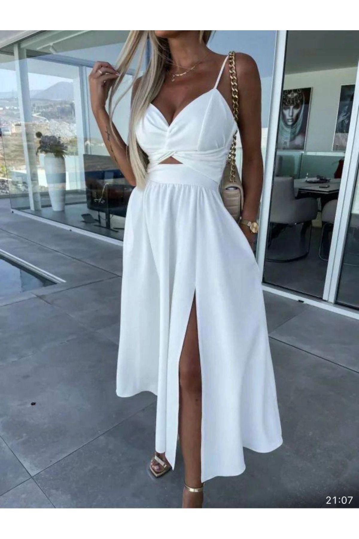 Buklemoda Askılı Dabıl Kumaş Elbise Beyaz