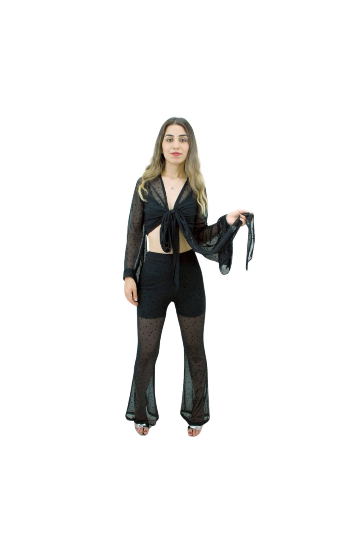 serpildinc Tül Bluz Büstiyer Pantolon Siyah Takım