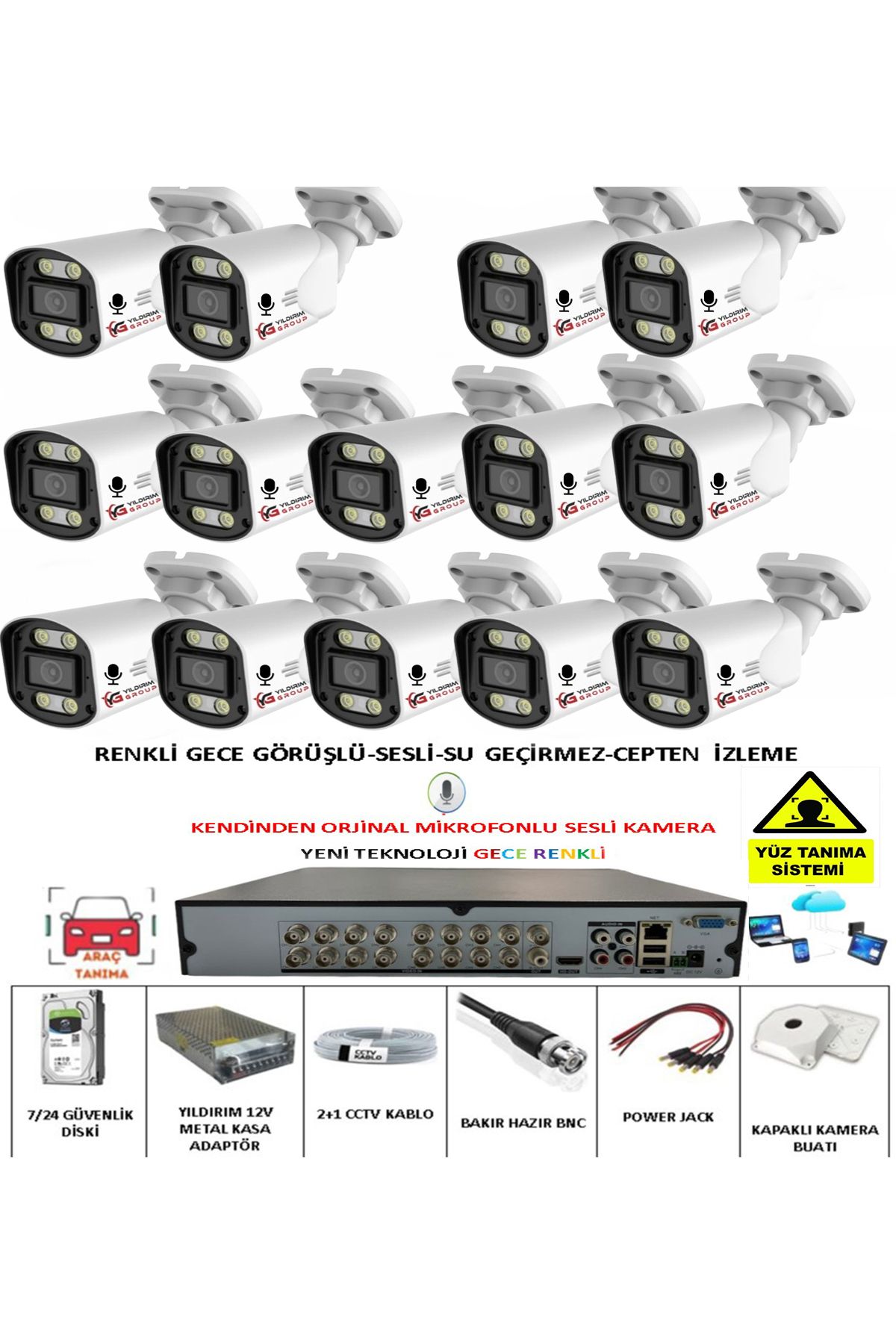 YILDIRIMGROUP 14 LÜ SESLİ GÜVENLİK KAMERASI 5 MP GECE RENKLİ YÜZ VE ARAÇ TANIMALI FULL HD KAMERA SİSTEMİ