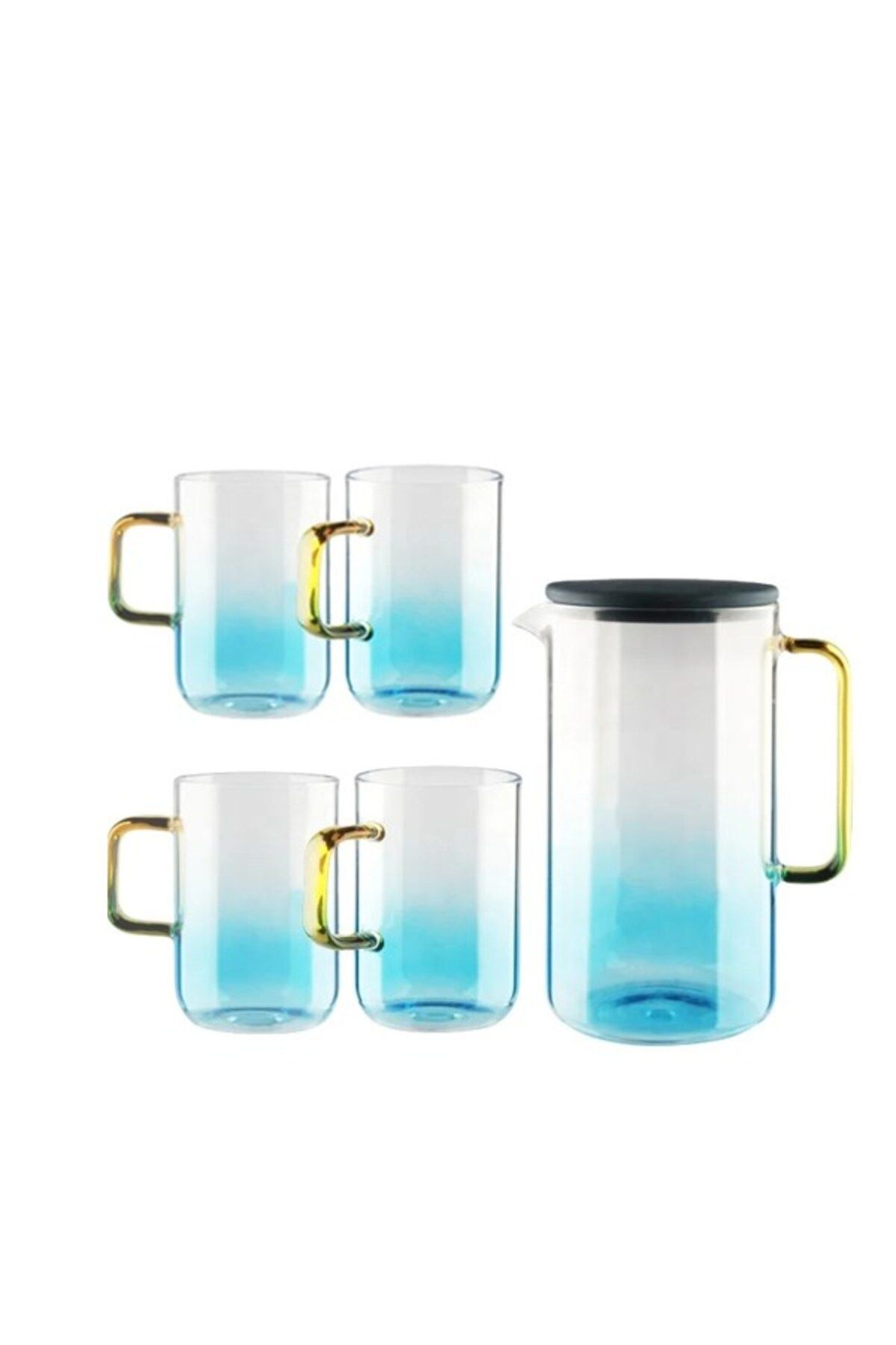 morponi Borosilikat Cam Silikon Kapaklı Blulife Sürahi 2100 Ml & 4 Adet Bardaklı