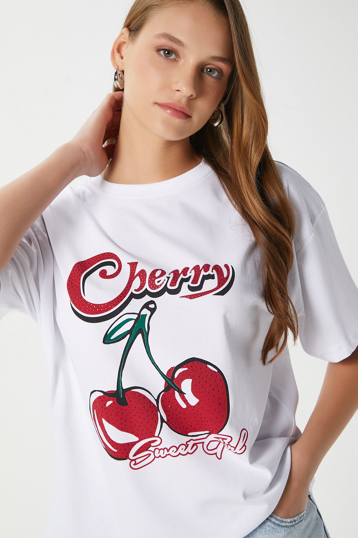 Ritnice Kadın Redcherry Taşlı Kiraz Desen T-Shirt