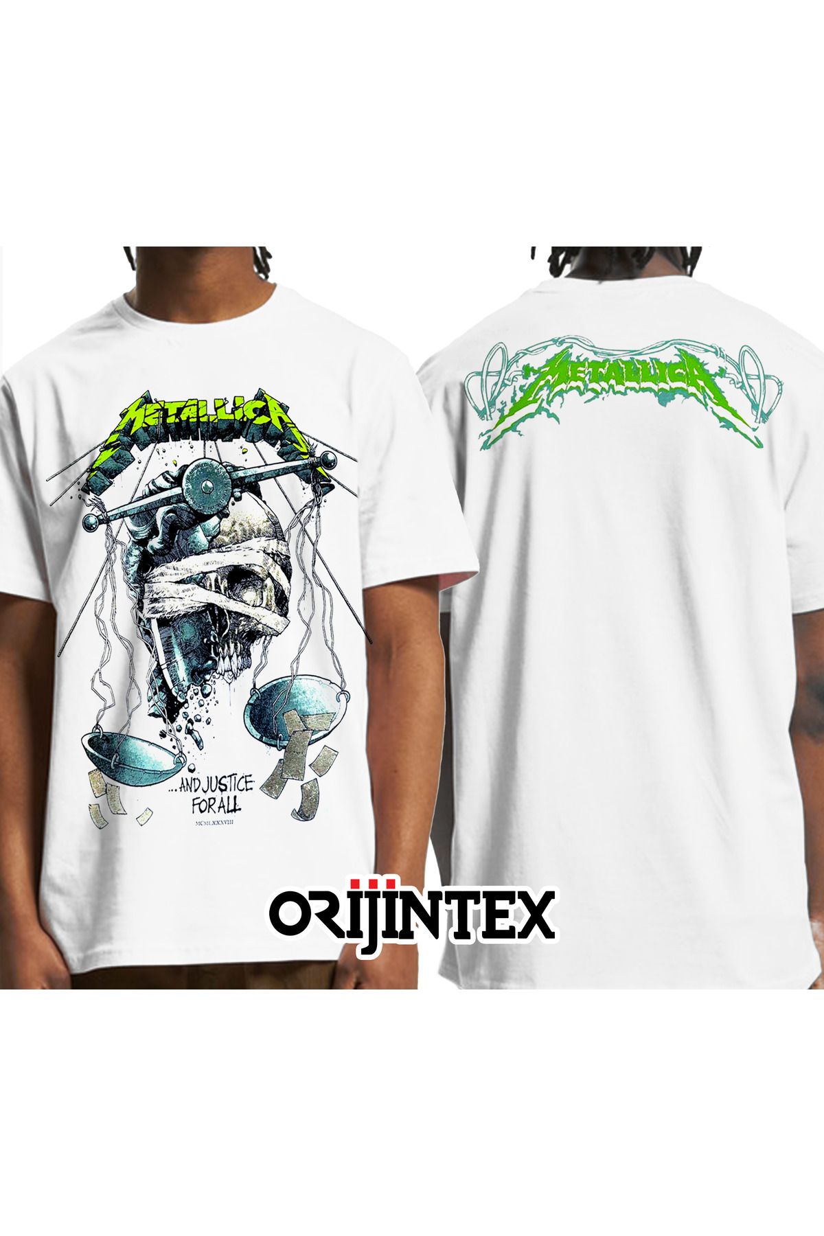 orijintex Metallica And Justice For All Skull Ön Arka Baskılı Unisex Tshirt