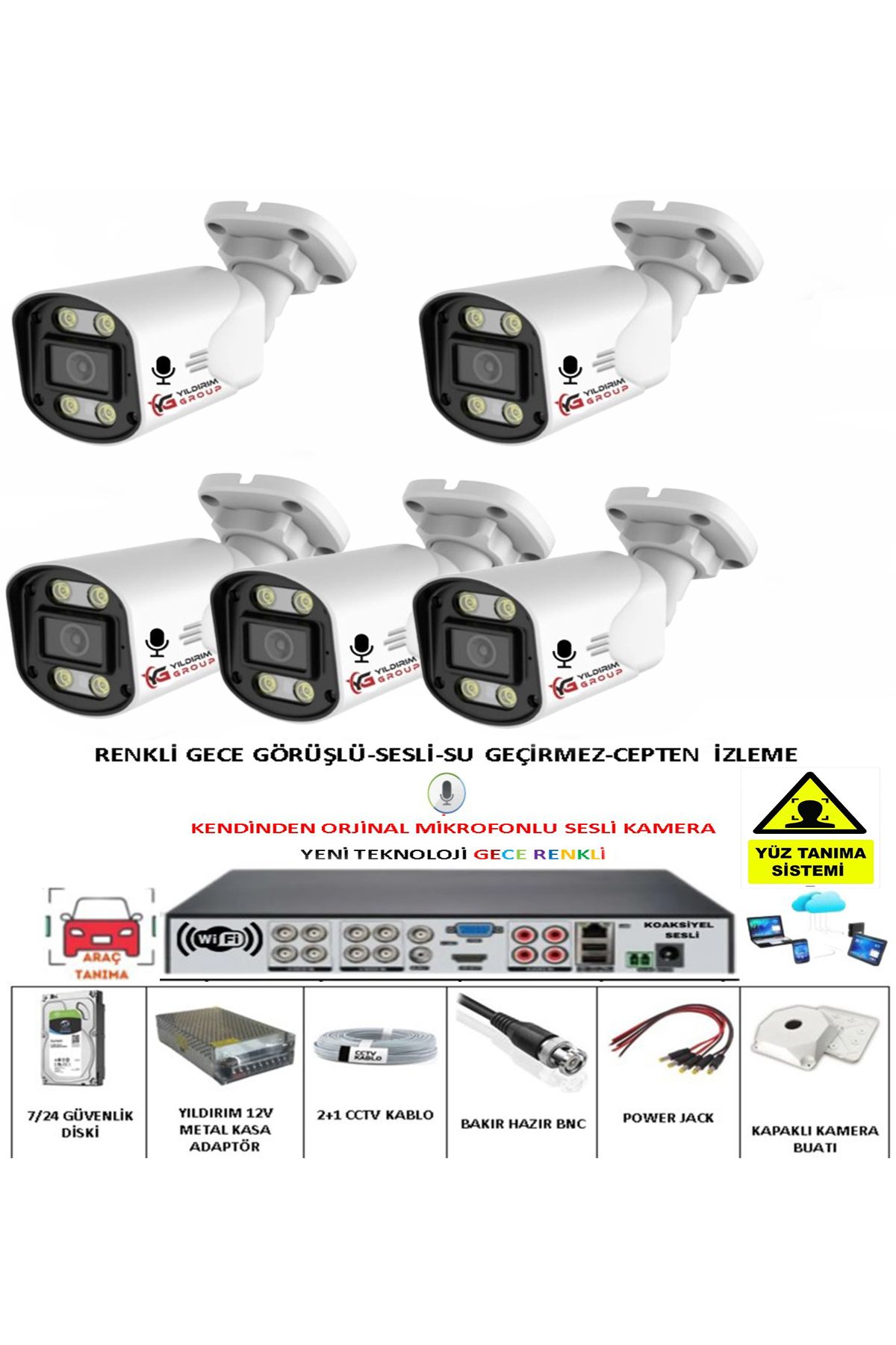 YILDIRIMGROUP 5 Li̇ Sesli̇ Güvenli̇k Kamerasi 5 Mp Gece Renkli̇ Yüz Ve Araç Tanimali Full Hd Kamera Si̇stemi̇