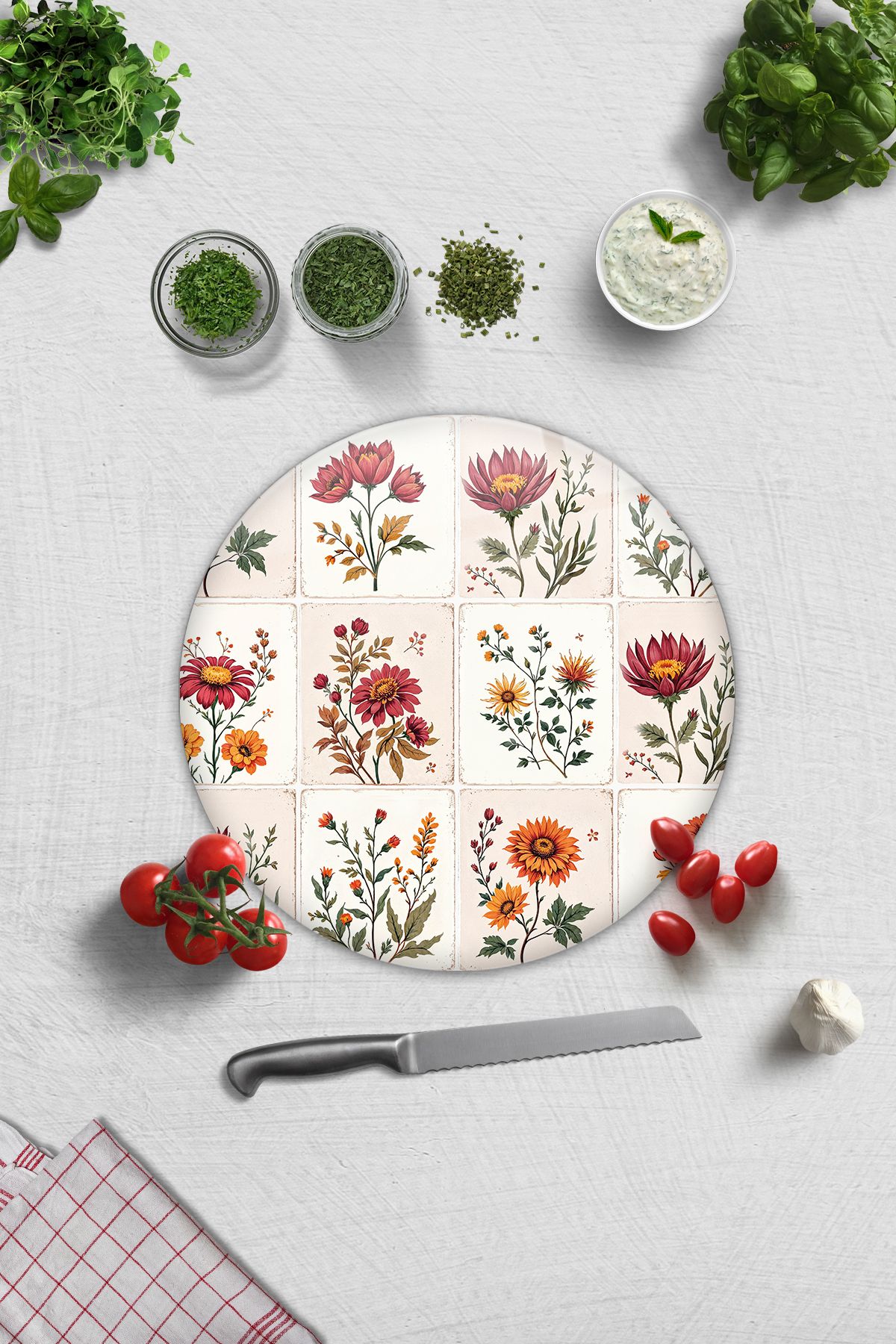 Decorita Cam Kesme Tahtası - Cam Kesme Tablası | Çiçekli Karo Desen | Çap32cm