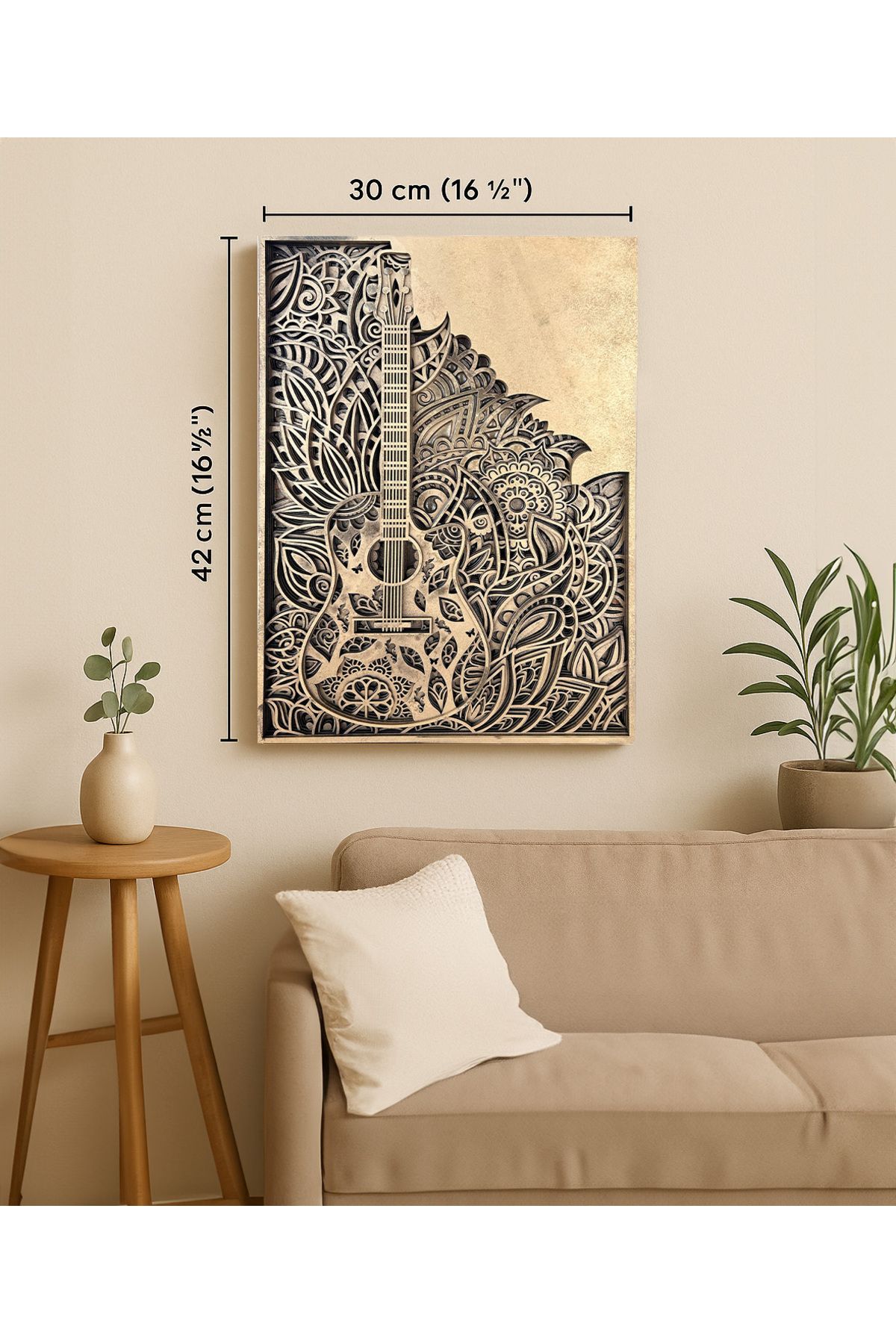 Lotuswoodart Laser Kesim Ahşap Gitar Duvar Tablosu 30x42 cm – Mandala Desenli Dekoratif Tablo