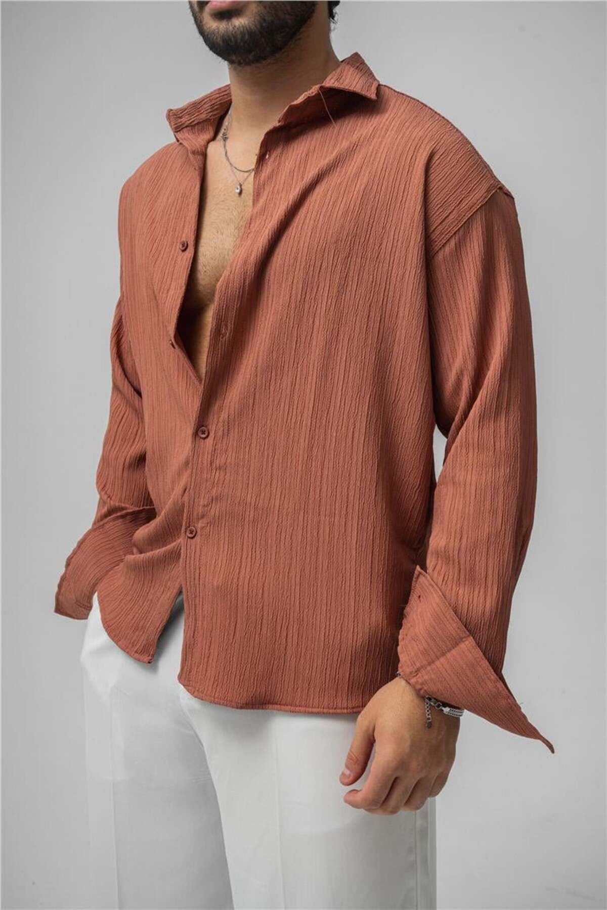 OUTFİT MAN Erkek Embossed Oversize Gömlek Kiremit