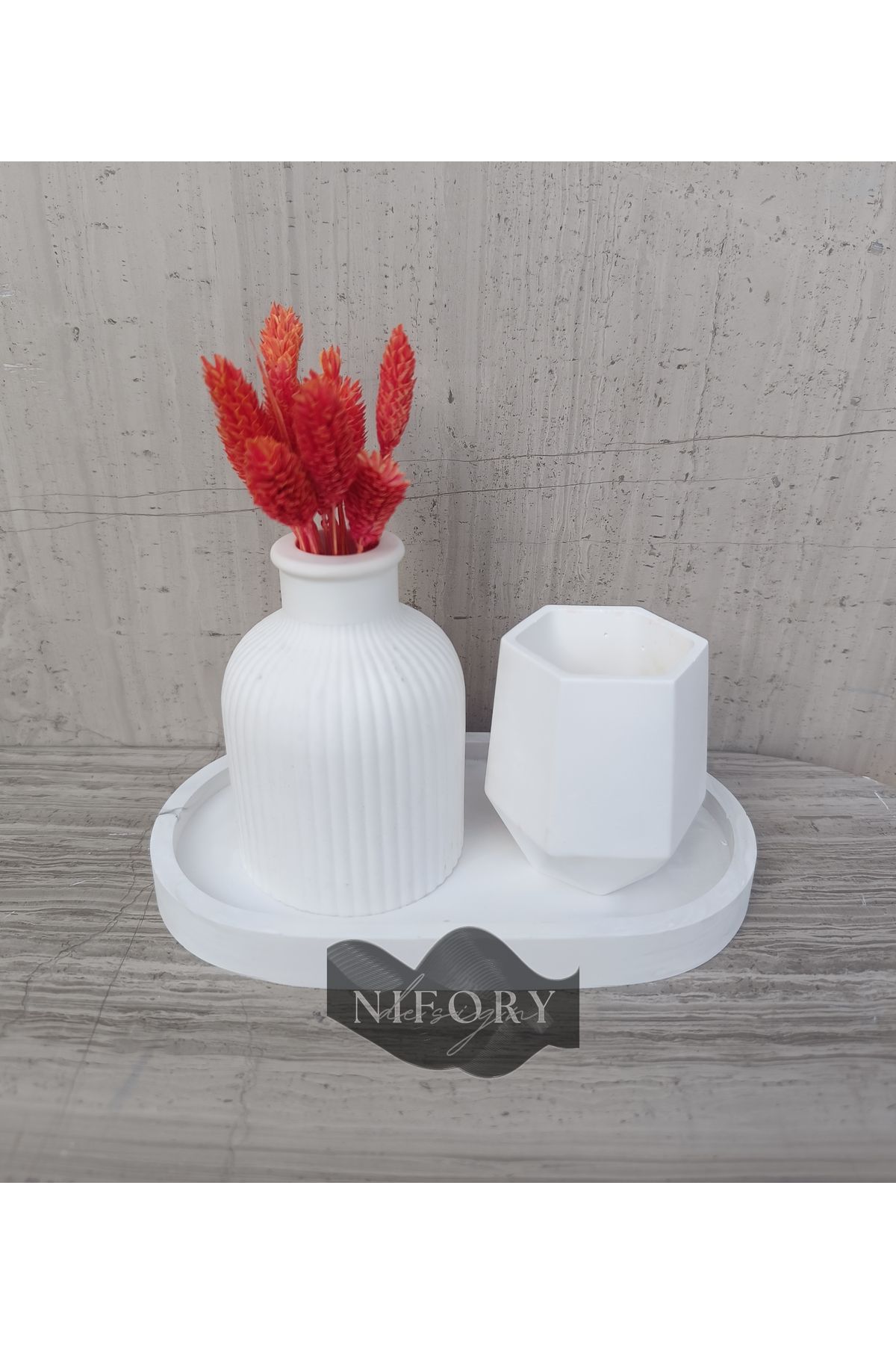 Nifory 520-N09 Dekoratif Beton Sunum Aksesuar Set Beton Biblo Organizer Takımı Çok Amaçlı Dekoratif Set