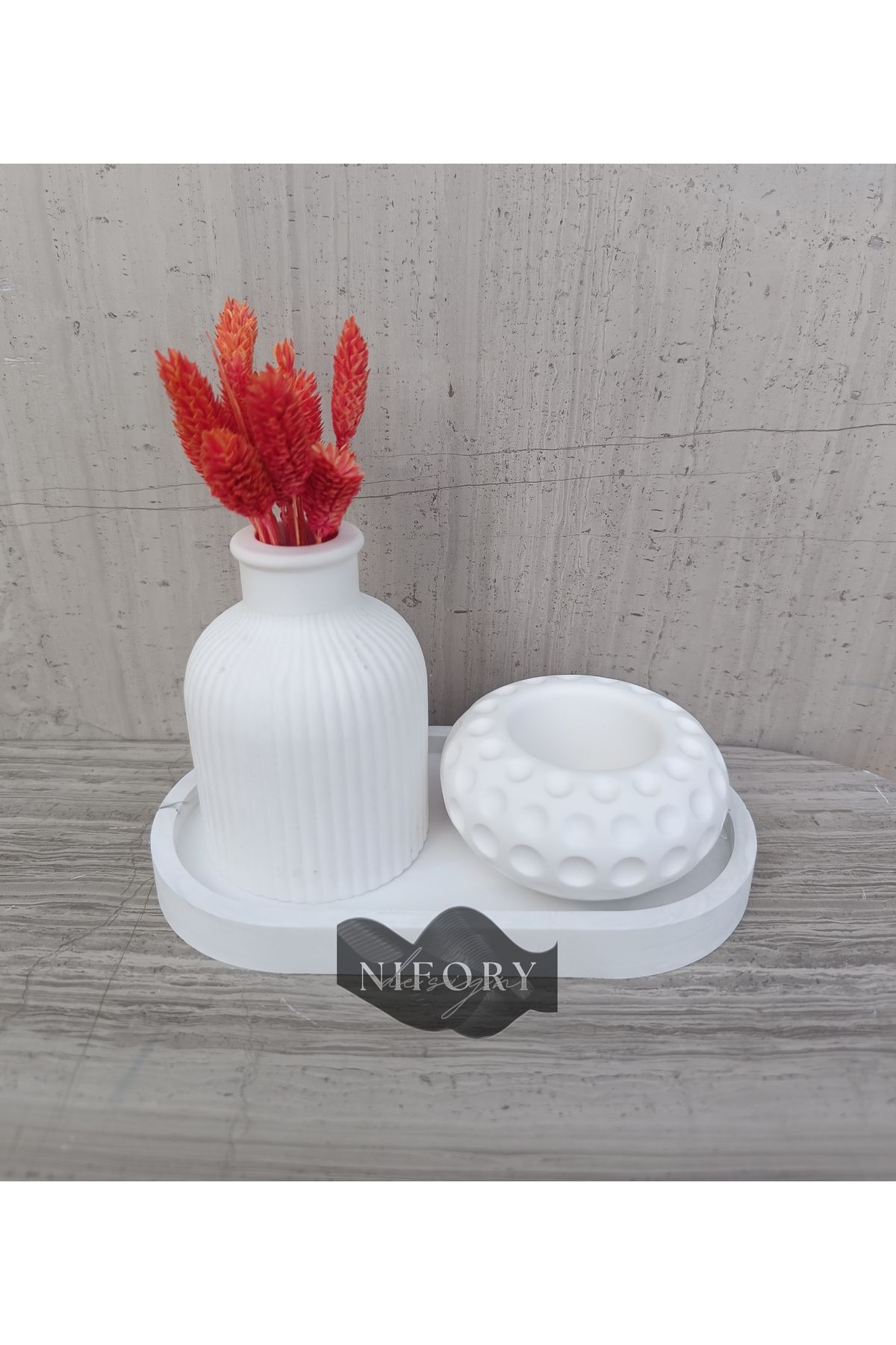Nifory 520-N014 Dekoratif Beton Sunum Aksesuar Set Beton Biblo Organizer Takımı Çok Amaçlı Dekoratif Set