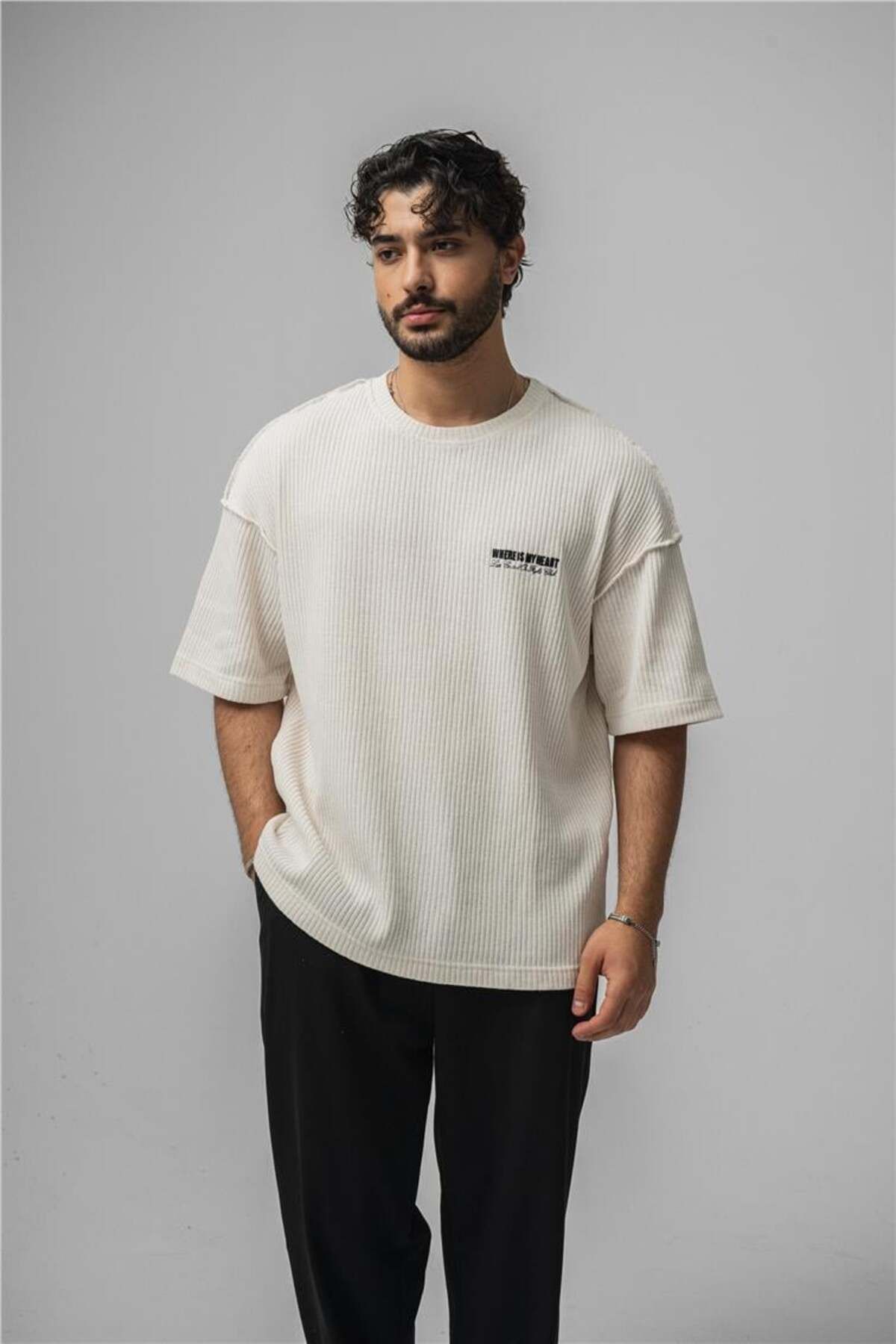 OUTFİT MAN Erkek WHERE IS MY HEART Oversize T-Shirt Kırık Beyaz