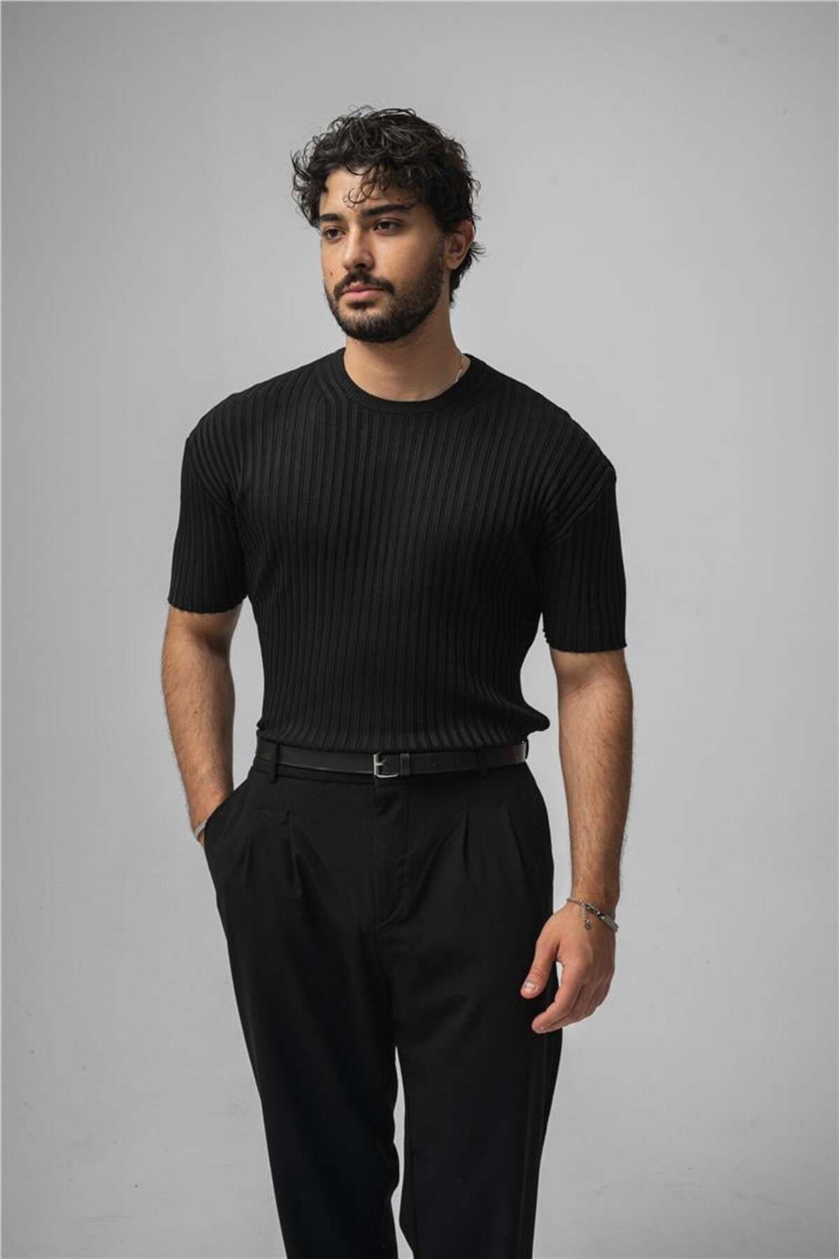 OUTFİT MAN Erkek Likralı Loose Fit Ribbed T-Shirt Siyah