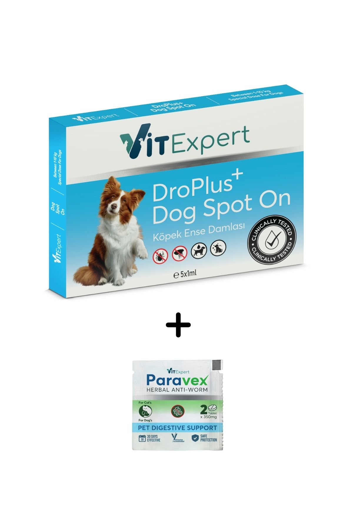 Vitexpert 2'li Set Köpek İç Dış Anti Parazit Tüm Köpekler İçin Bitkisel 5 Damla ve 2 Tablet Paketi