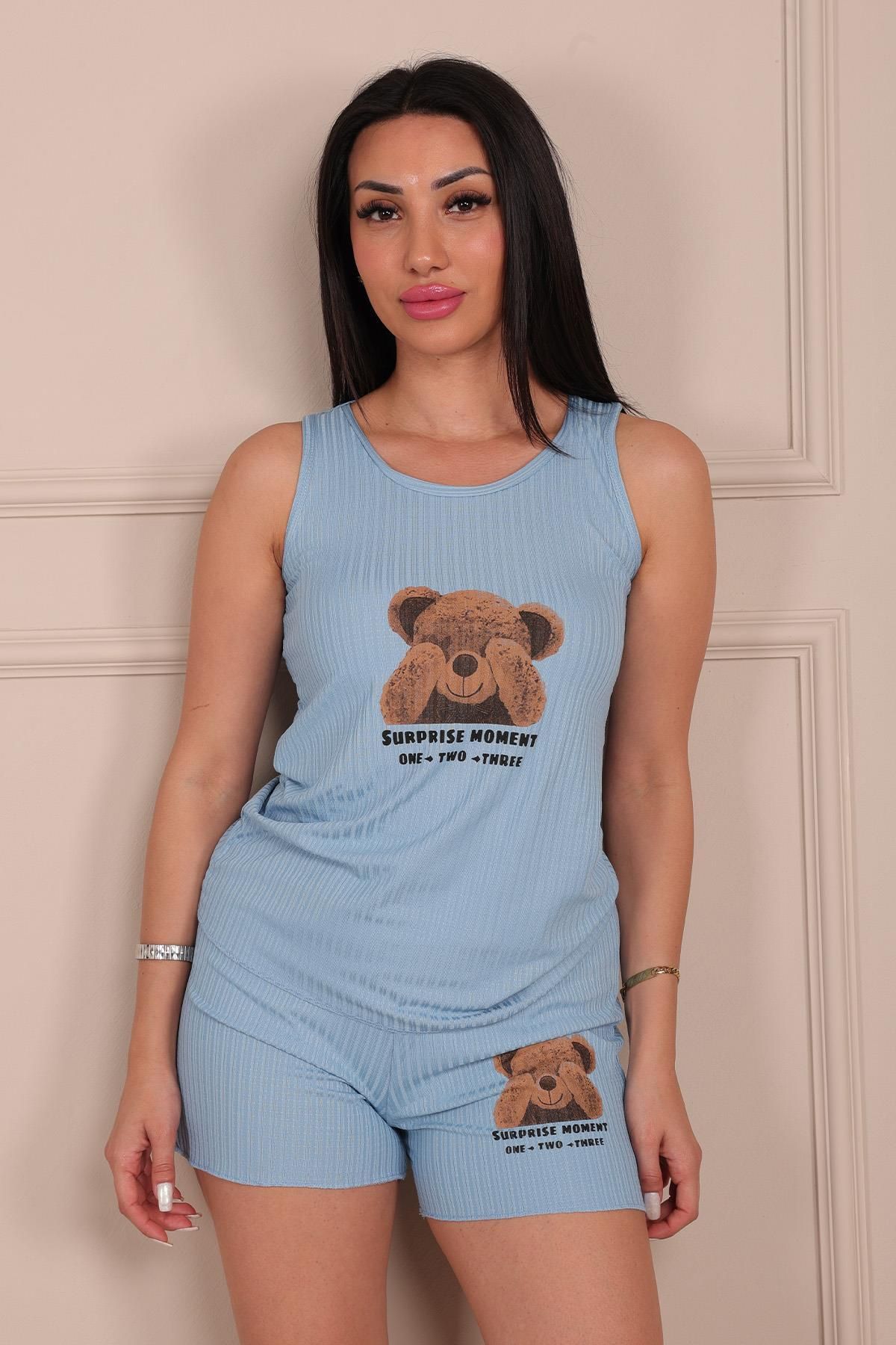 Niket Life Kadın Ayıcık Baskılı Kalın Askılı Şortlu Viskon Pijama Takımı