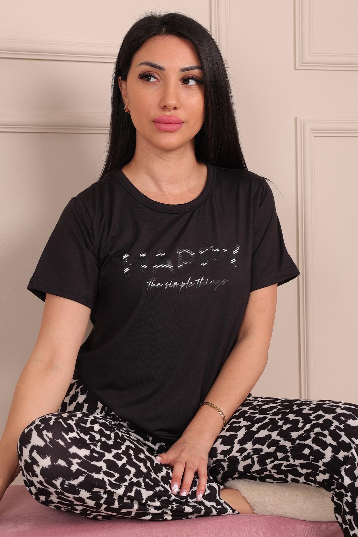 Niket Life Kadın Leopar Desenli ve Sloganlı Bisiklet Yaka Kısa Kol Altı Uzun Marla Pijama Takımı