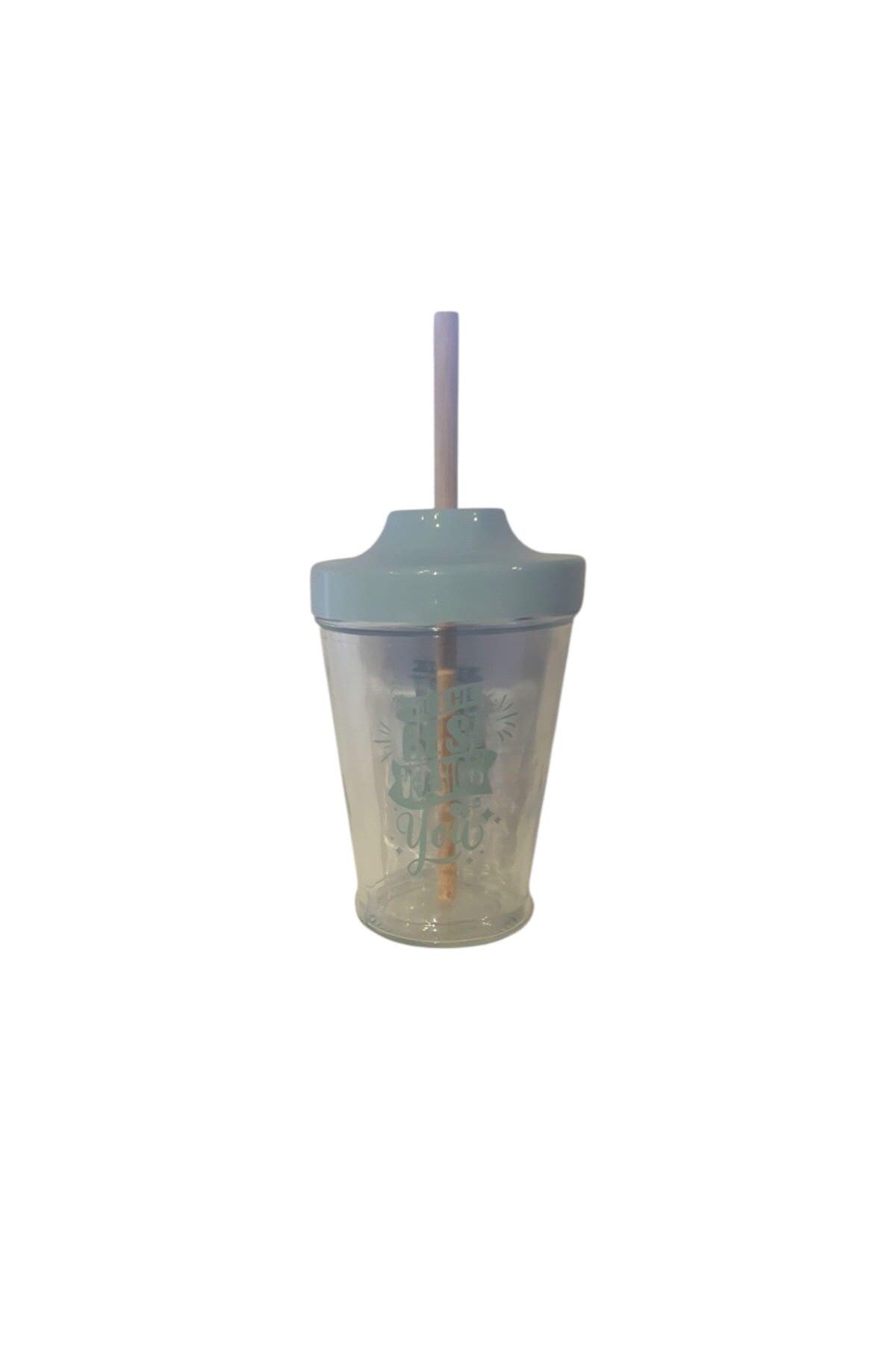 TEKNO İSTANBUL Bambu Pipetli Pudra Mavi Desenli Cam Bardak (450mL)