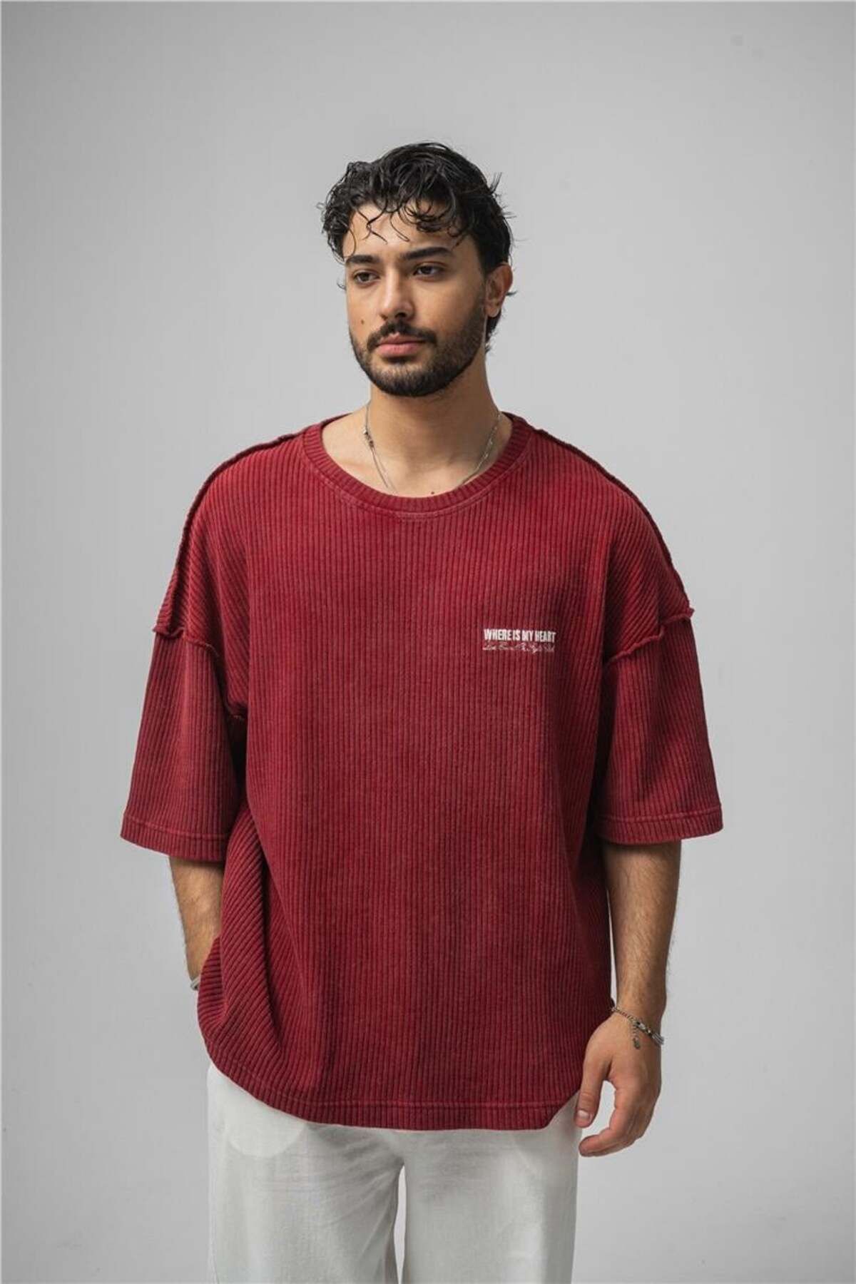 OUTFİT MAN Erkek WHERE IS MY HEART Oversize T-Shirt Bordo