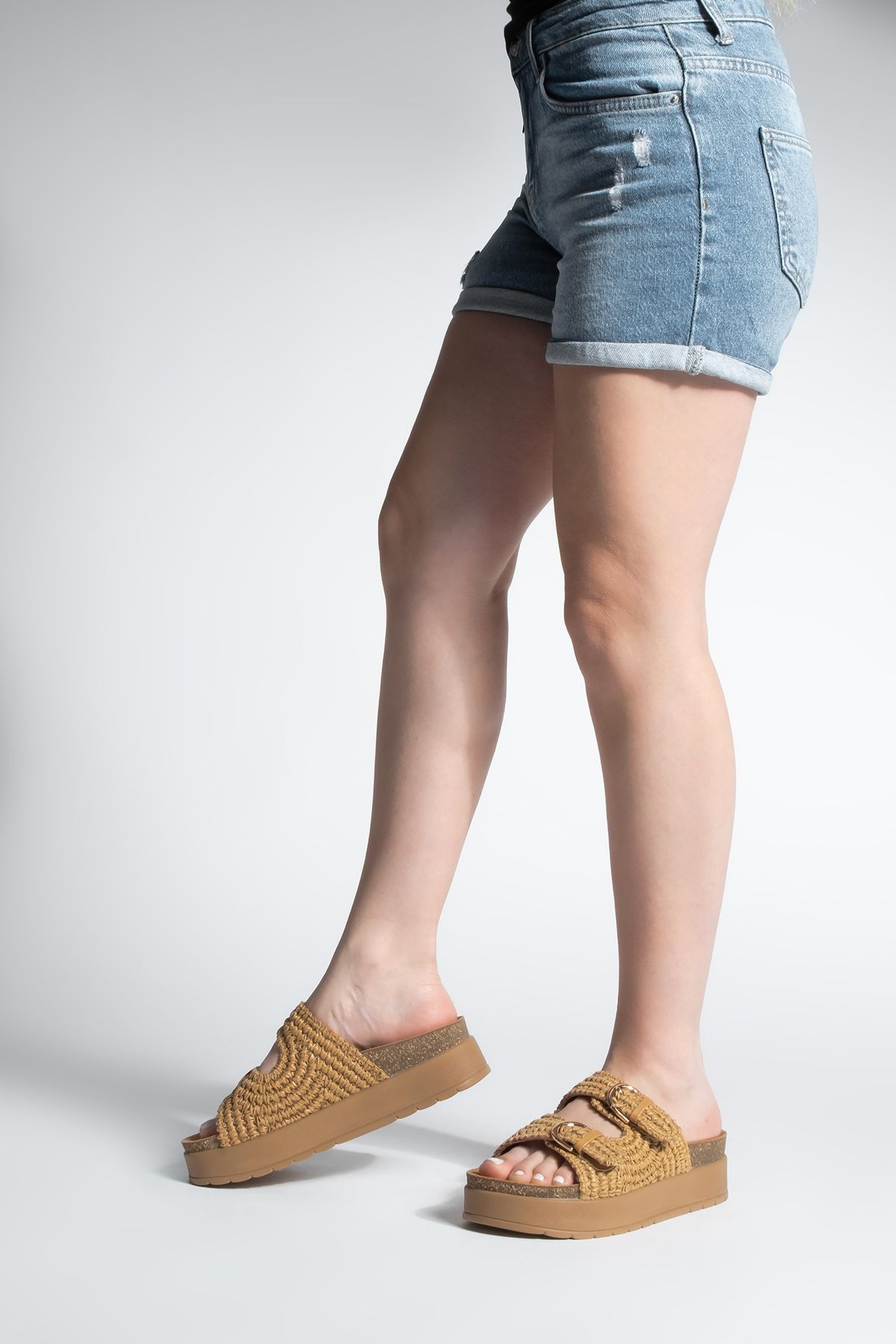 Marjin-Damen-Hausschuhe aus Stroh mit dicker Sohle und Schnalle, Felar Tan Wicker 4