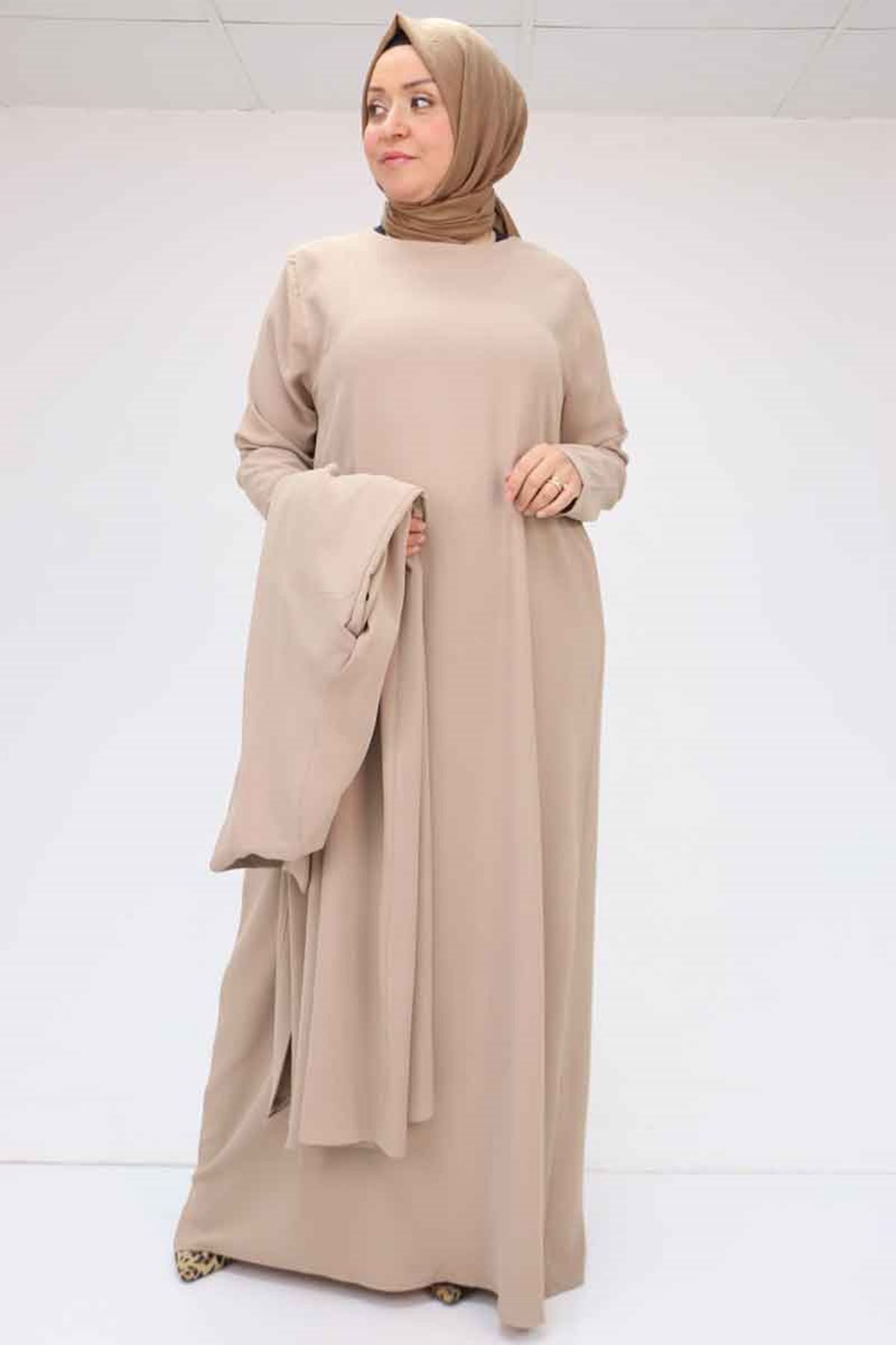 Eslina 57210 Büyük Beden Renge Renk Garni Detaylı Abaya Takım - Vizon