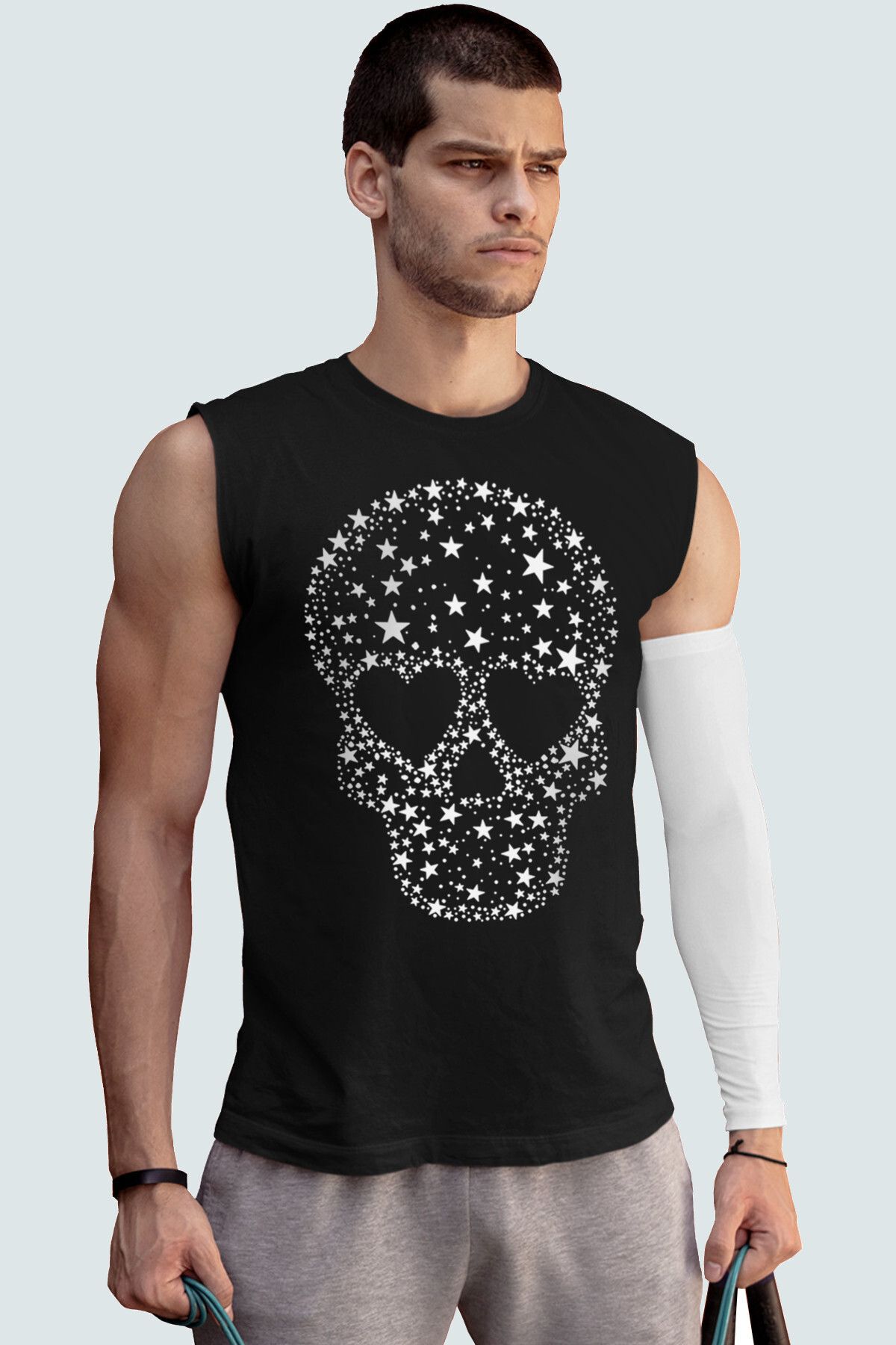 ROCKANDROLL Yıldızlı Kurukafa Siyah Kesik Kol | Kolsuz Erkek Tshirt | Atlet