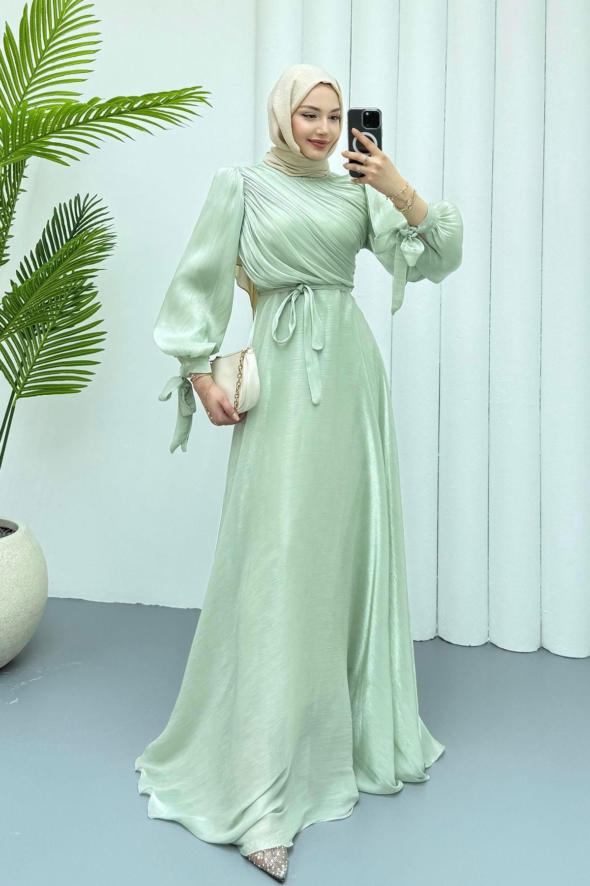 Modaensarbutik Gögüs Drapeli Kolları Bağlamalı Jan Jan Tesettür Abiye-MİNT YEŞİLİ