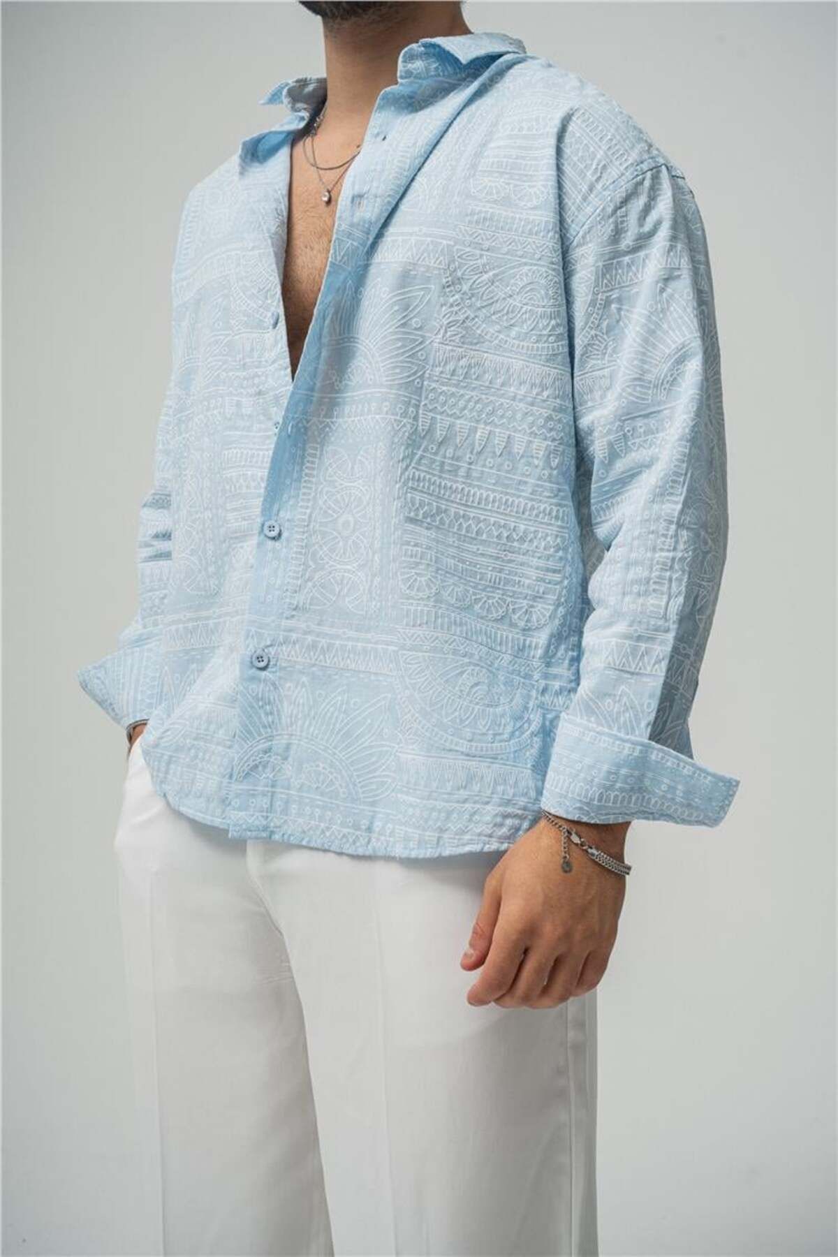 OUTFİT MAN Erkek Etnik Desen Keten Oversize Gömlek Açık Mavi
