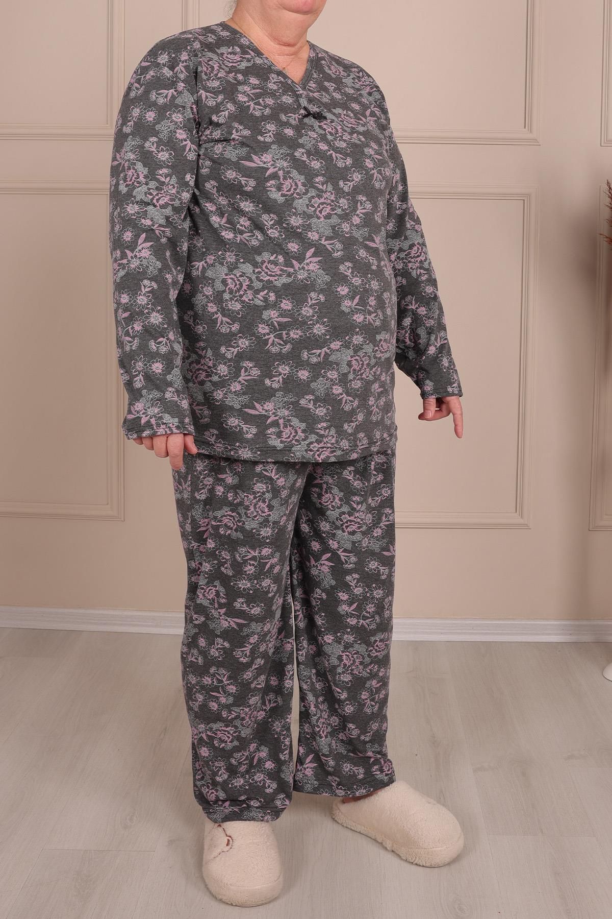Niket Life Kadın Desenli Biye Yakalı Uzun Kol Altı Uzun Penye Anne Pijama Takım