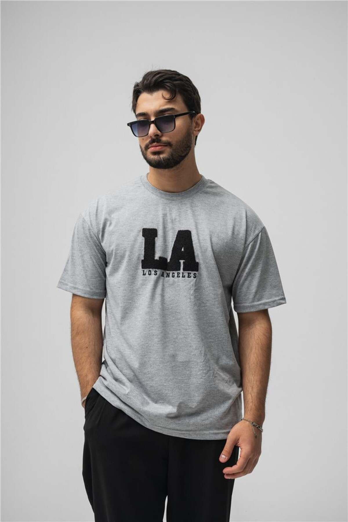 OUTFİT MAN Erkek LosAngeles Oversize T-Shirt Gri