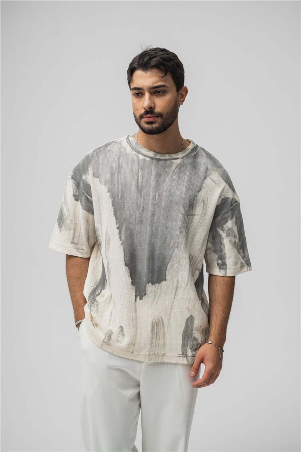 OUTFİT MAN Erkek Washing Knit Oversize T-Shirt Gri