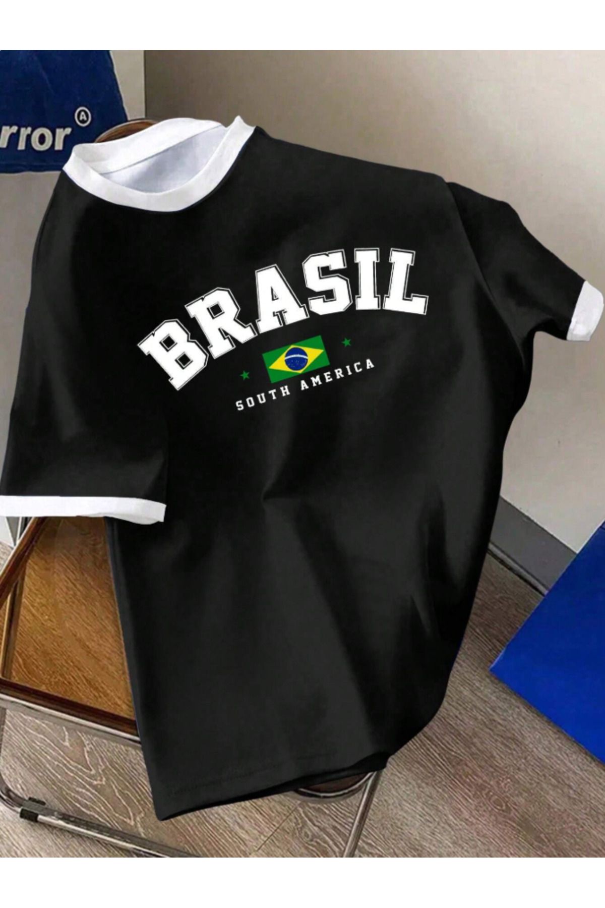 Revasser Unisex Erkek/Kadın Lacivert Beyaz Yaka JustDoIt Özel Baskılı Oversize Pamuklu T-Shirt Tişört