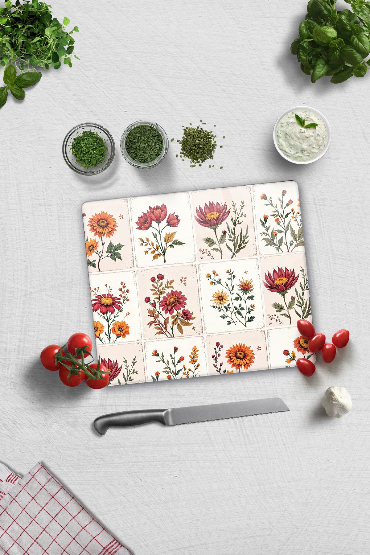 Decorita Cam Kesme Tahtası - Cam Kesme Tablası | Çiçekli Karo Desen | 29cm x 34cm