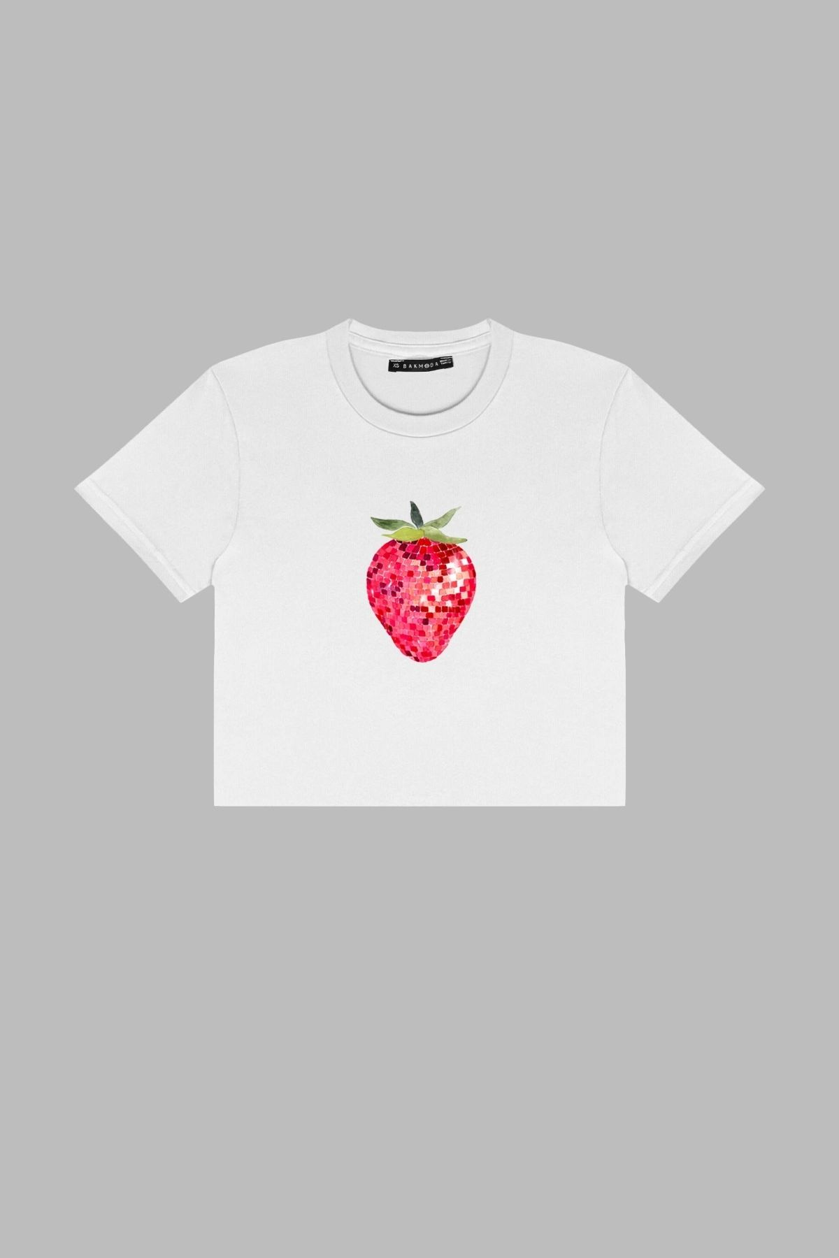 Sekizbiraltı Strawberry Disco Baskılı Beyaz Crop Top