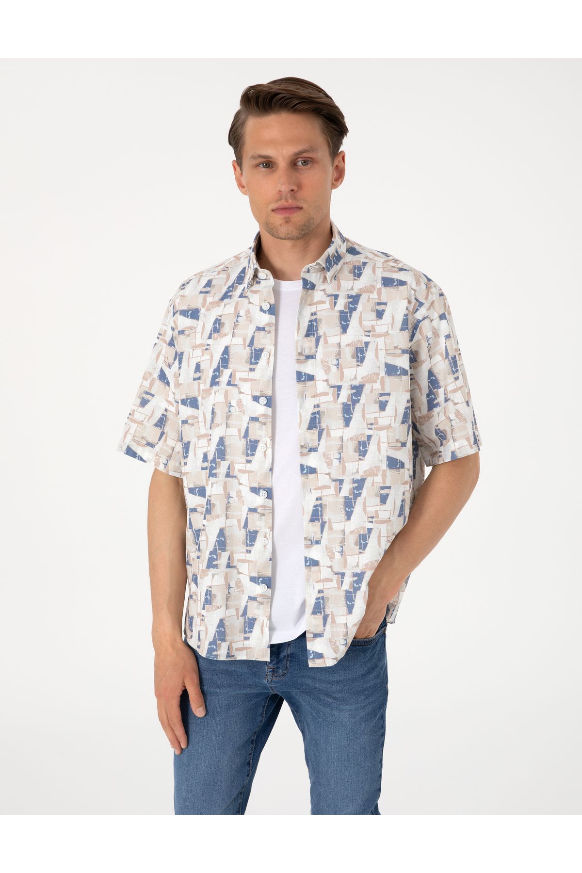 Pierre Cardin Mavi Oversize Kısa Kollu Gömlek 50301558-VR036