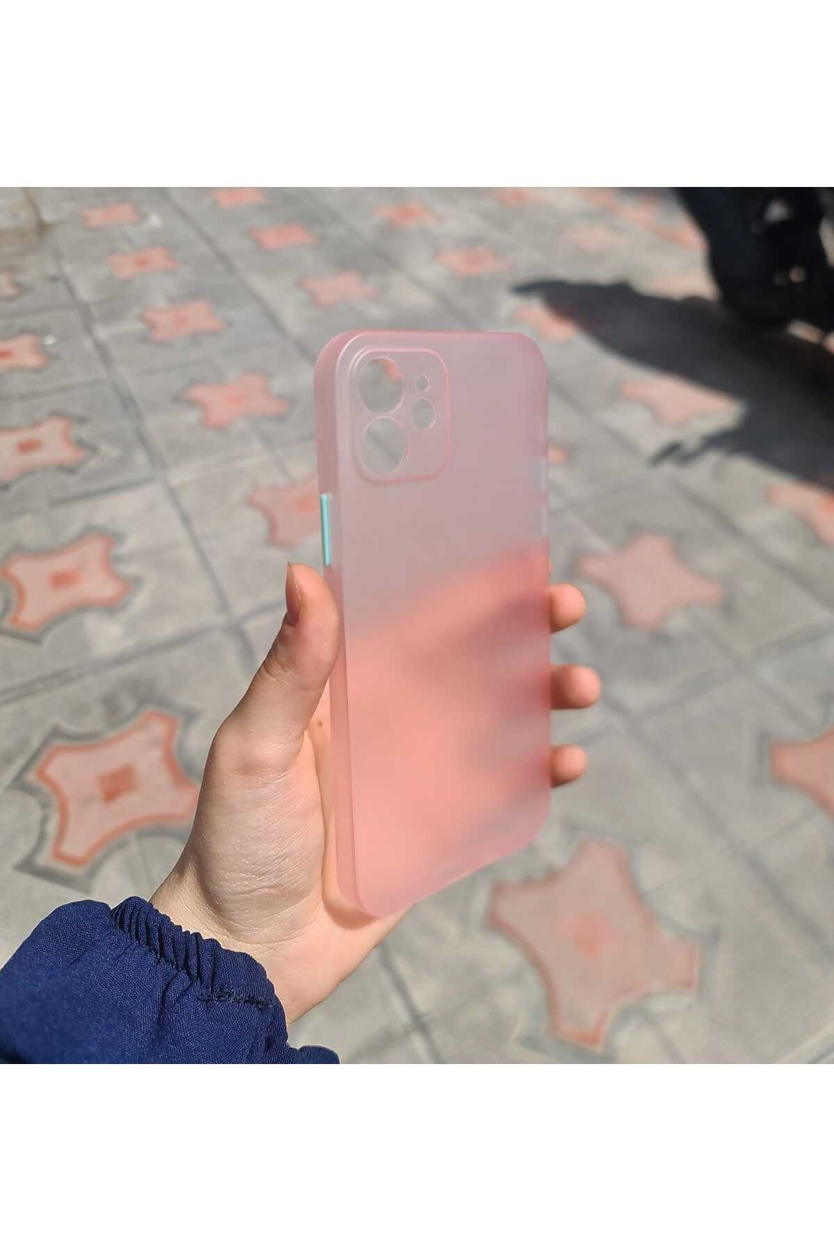 CEP-HANE Apple İphone 12 Yan Tuşlar Renkli Şeffaf Pembe Kılıf