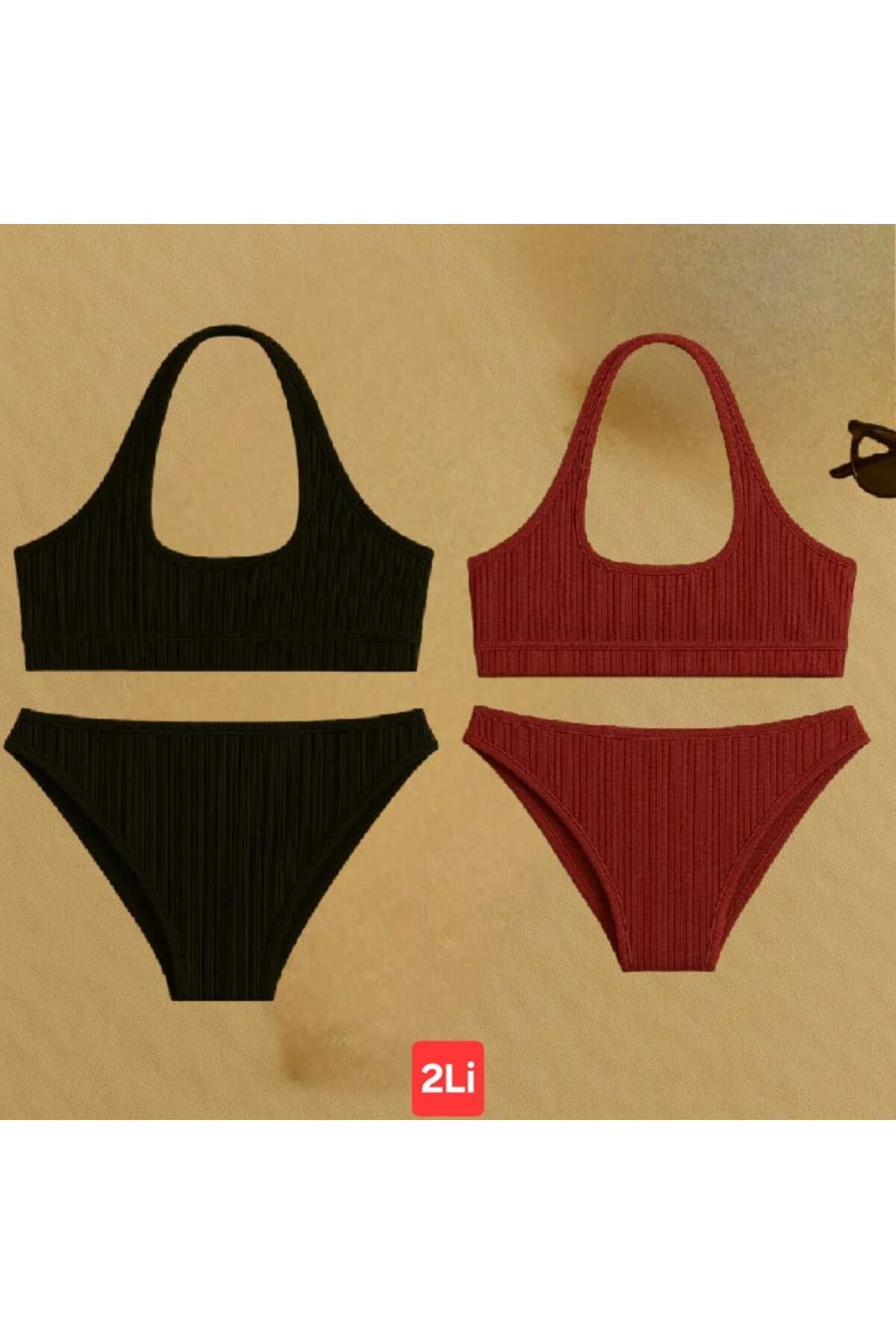 Stail Moda 2li Kadın Bordo+Siyah TAKIM Kaşkorse KUMAŞ Seamless Tanga Sütyen Takım2025