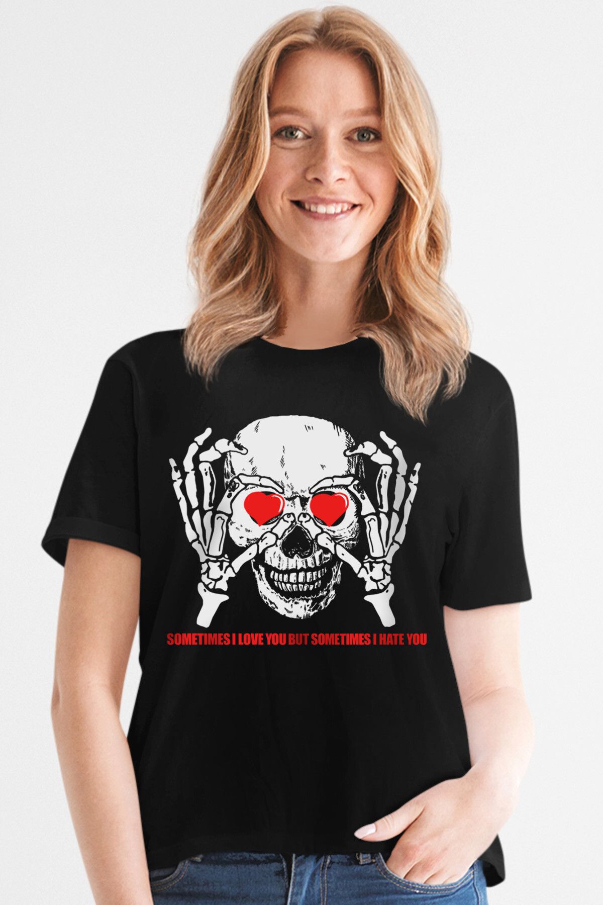 ROCKANDROLL Kalp Gözler Siyah Kısa Kollu Kadın T-shirt