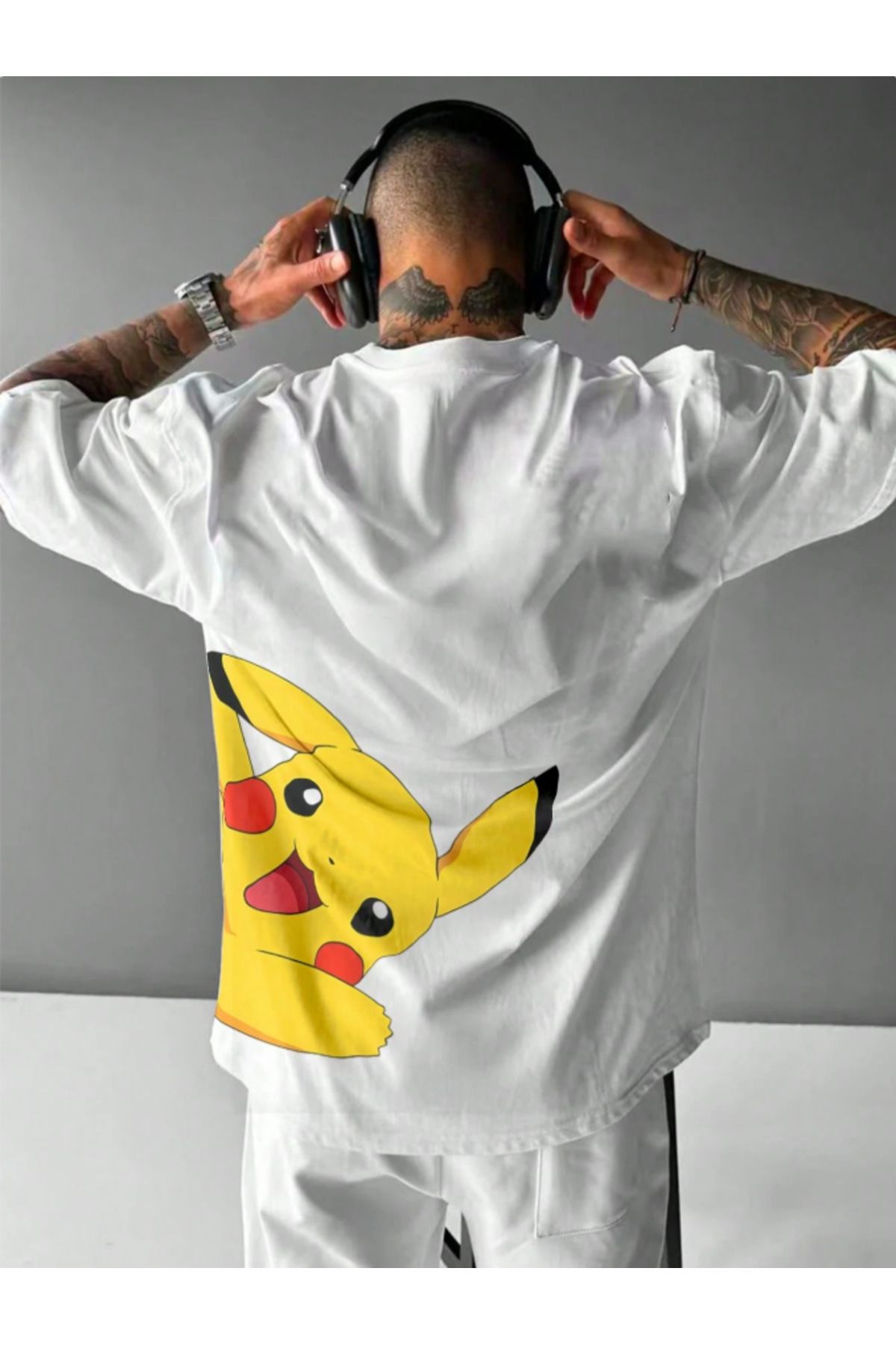 Revasser Unisex Erkek/Kadın Pikachu Pokemon Renkli Özel Baskılı Oversize Pamuklu Bisiklet Yaka T-Shirt Tişört
