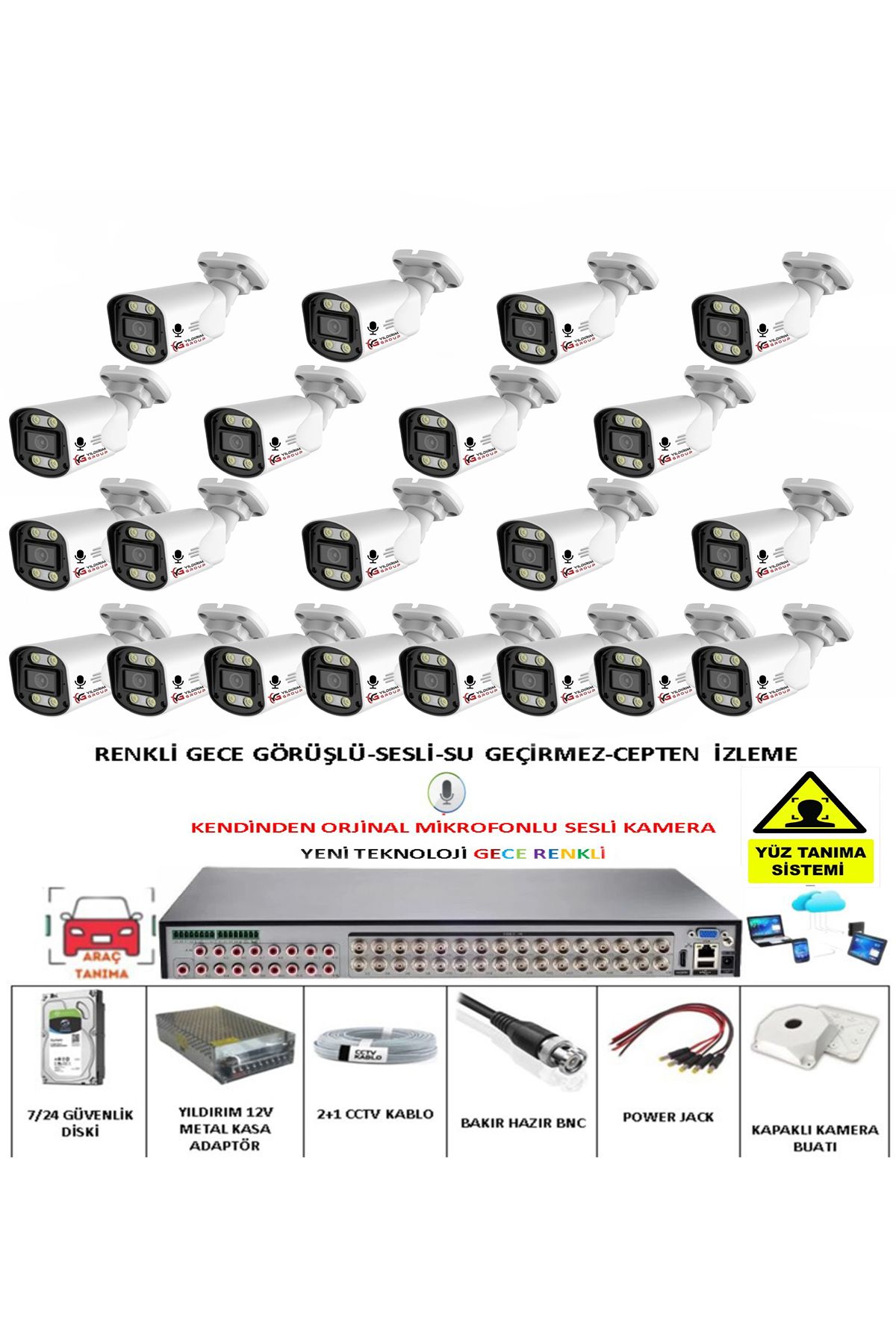 YILDIRIMGROUP 21 Lİ SESLİ GÜVENLİK KAMERASI 5 MP GECE RENKLİ YÜZ VE ARAÇ TANIMALI FULL HD KAMERA SİSTEMİ