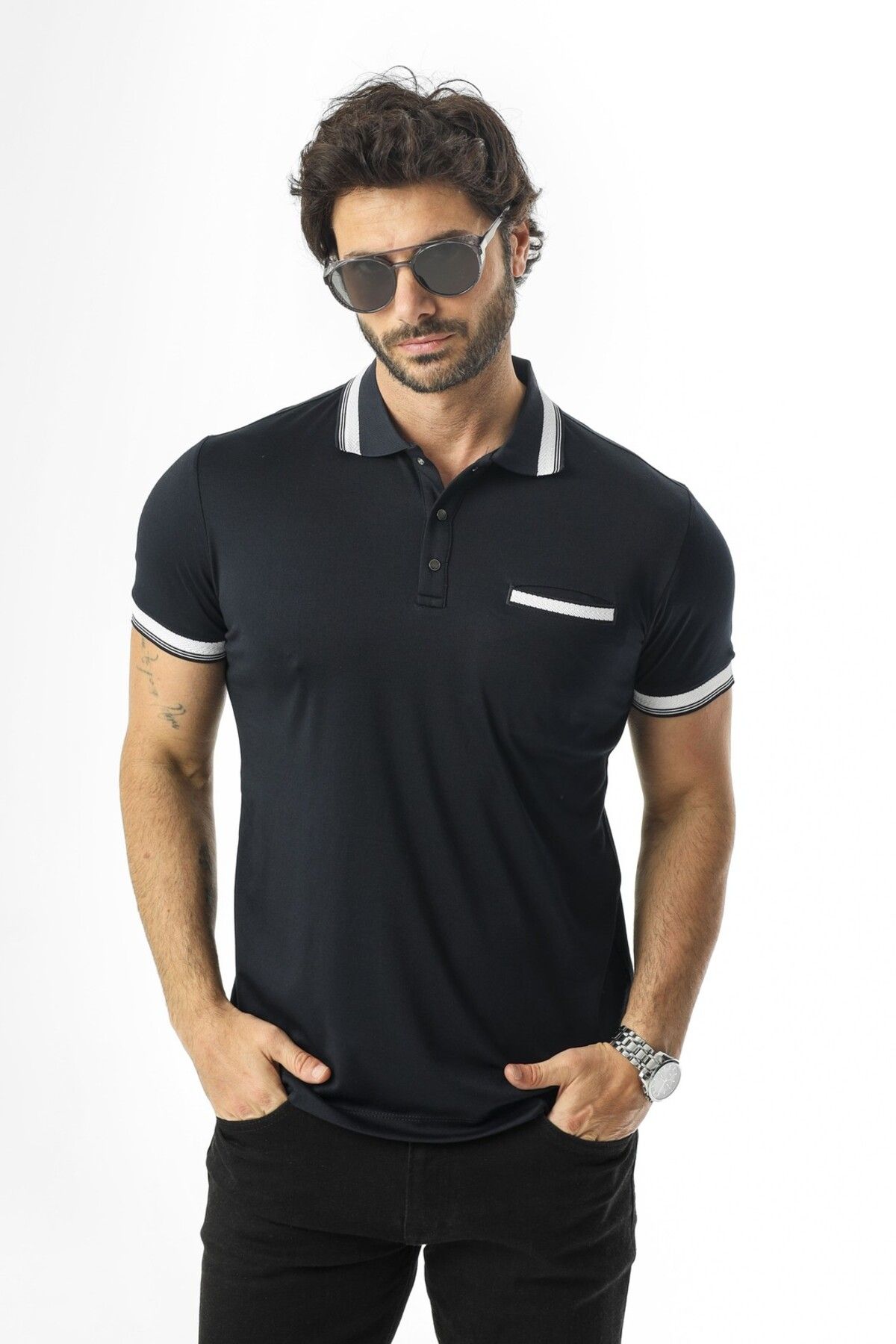 Tony Montana Cepli Polo Yaka Çıtçıtlı Kol Ucu Triko Detaylı T-Shırt-6286