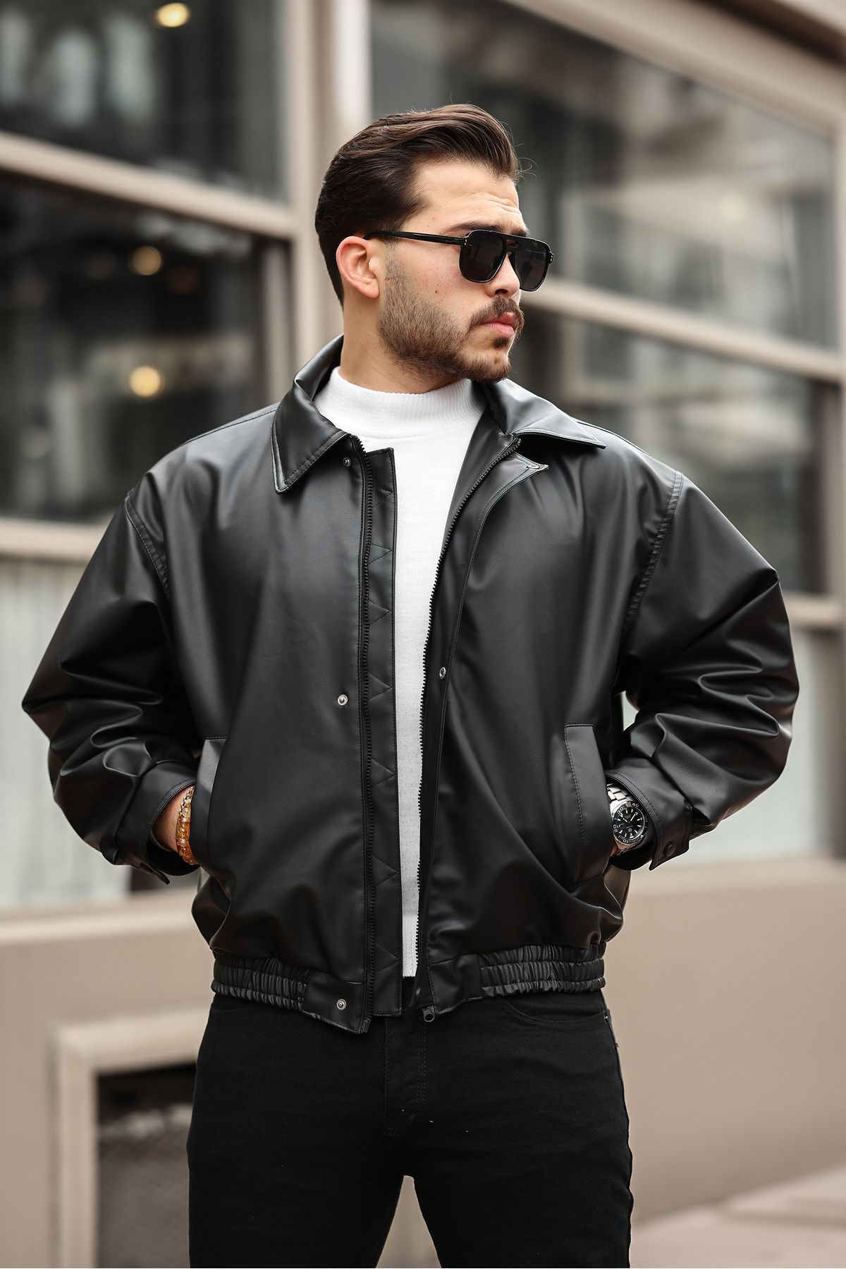 iwazzi Oversize Vintage Erkek siyah Deri ceket bomber