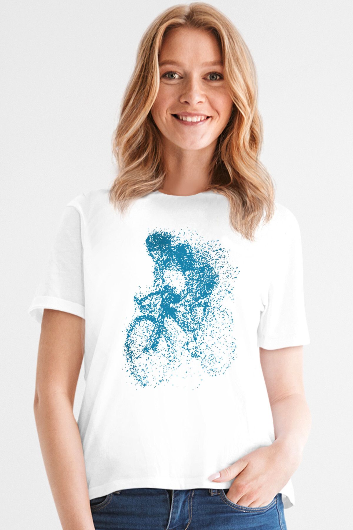 ROCKANDROLL Benekli Bisiklet Beyaz Kısa Kollu Kadın T-shirt