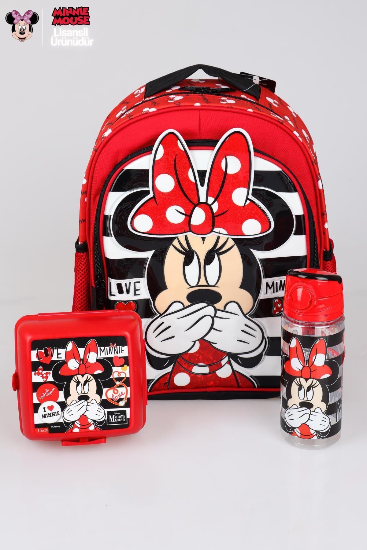 Minnie Mouse YENİ SEZON LİSANSLI MINNIE MOUSE OKUL ÇANTASI,BESLENME KABI VE MATARA 500 ML OKUL SETİ