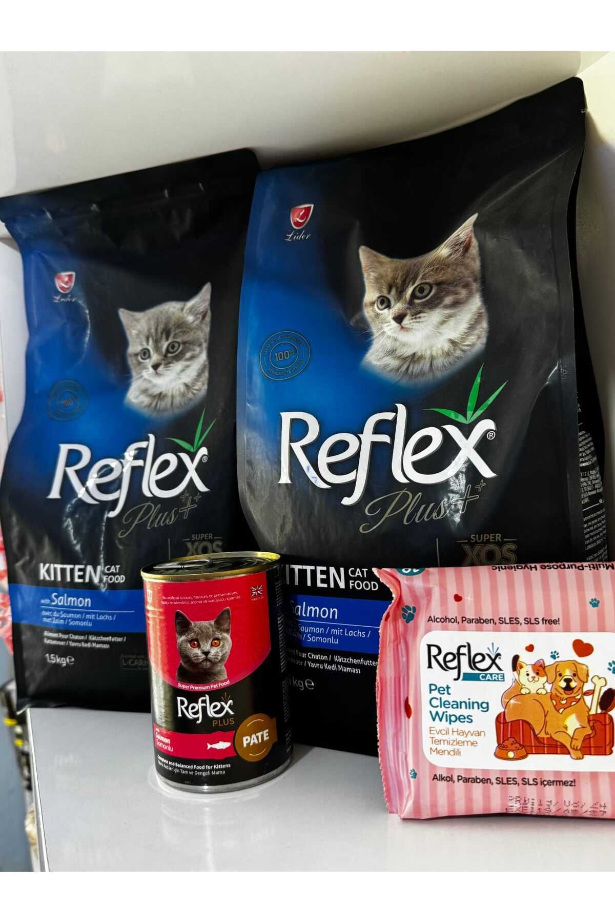Reflex PLUS YAVRU KEDİ 2 Lİ SOMONLU KURU MAMA YAŞ MAMA TEMİZLEME MENDİLİ SETİ