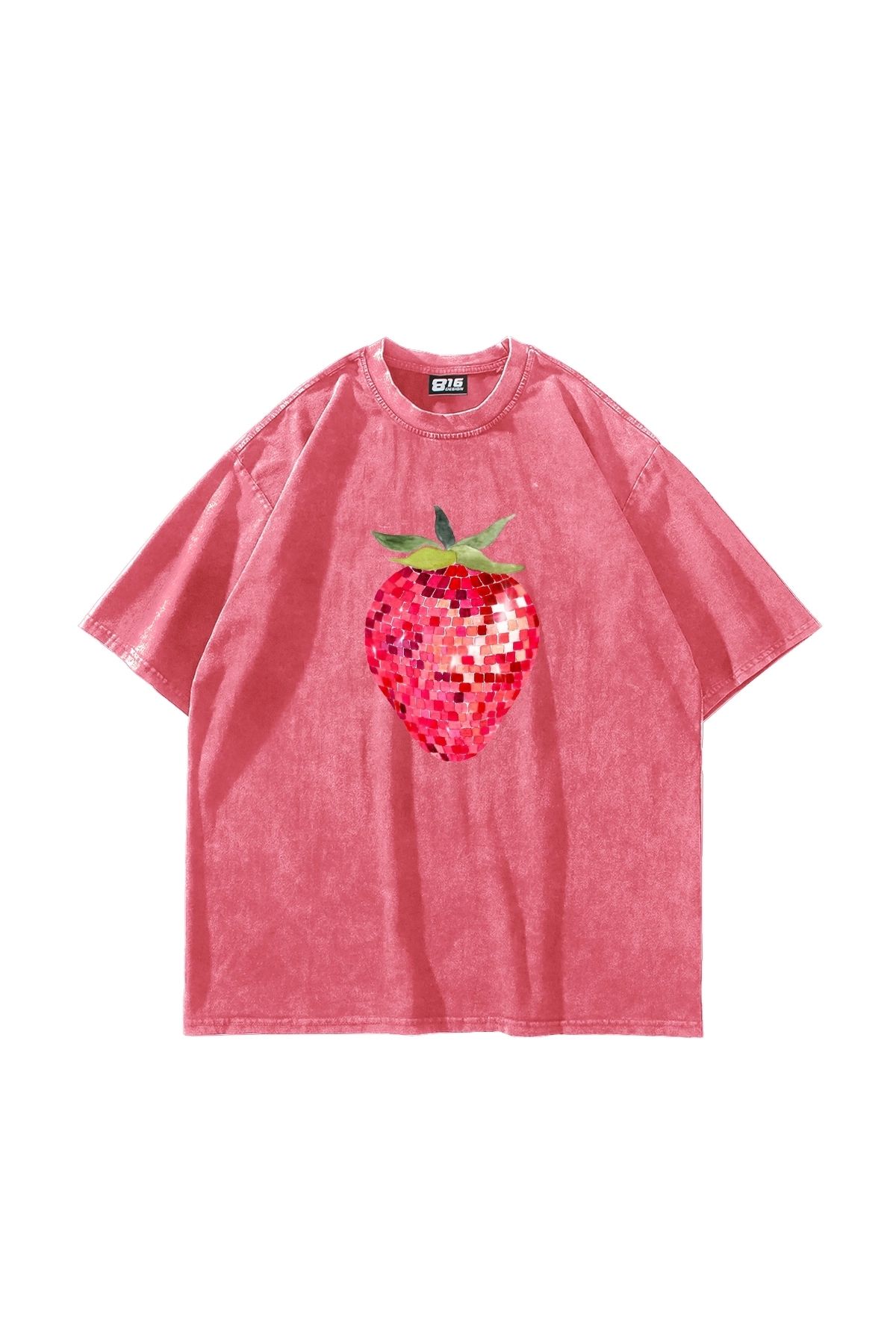 Sekizbiraltı Strawberry Disco Baskılı Oversize Unisex Yıkamalı Pembe Tshirt