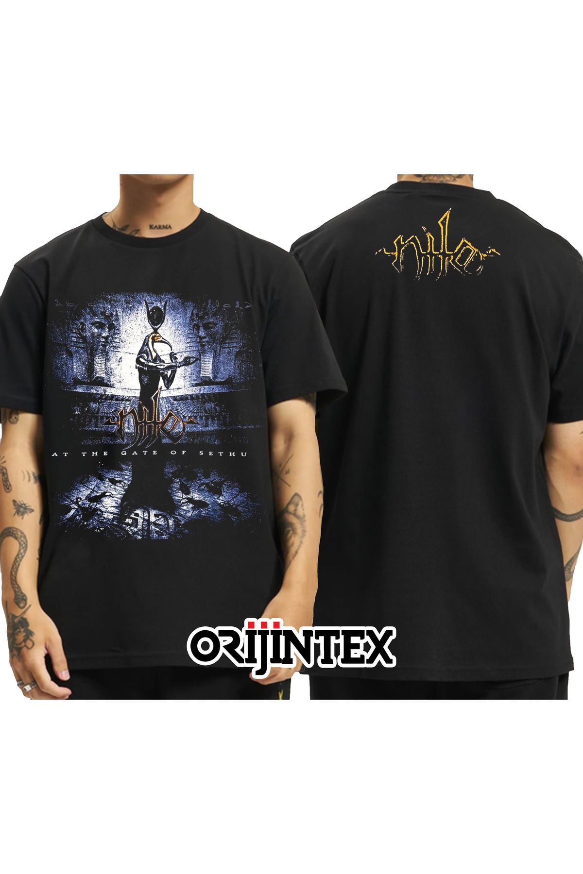orijintex Nile At The Gate of Sethu Ön Arka Baskılı Unisex Siyah Tshirt