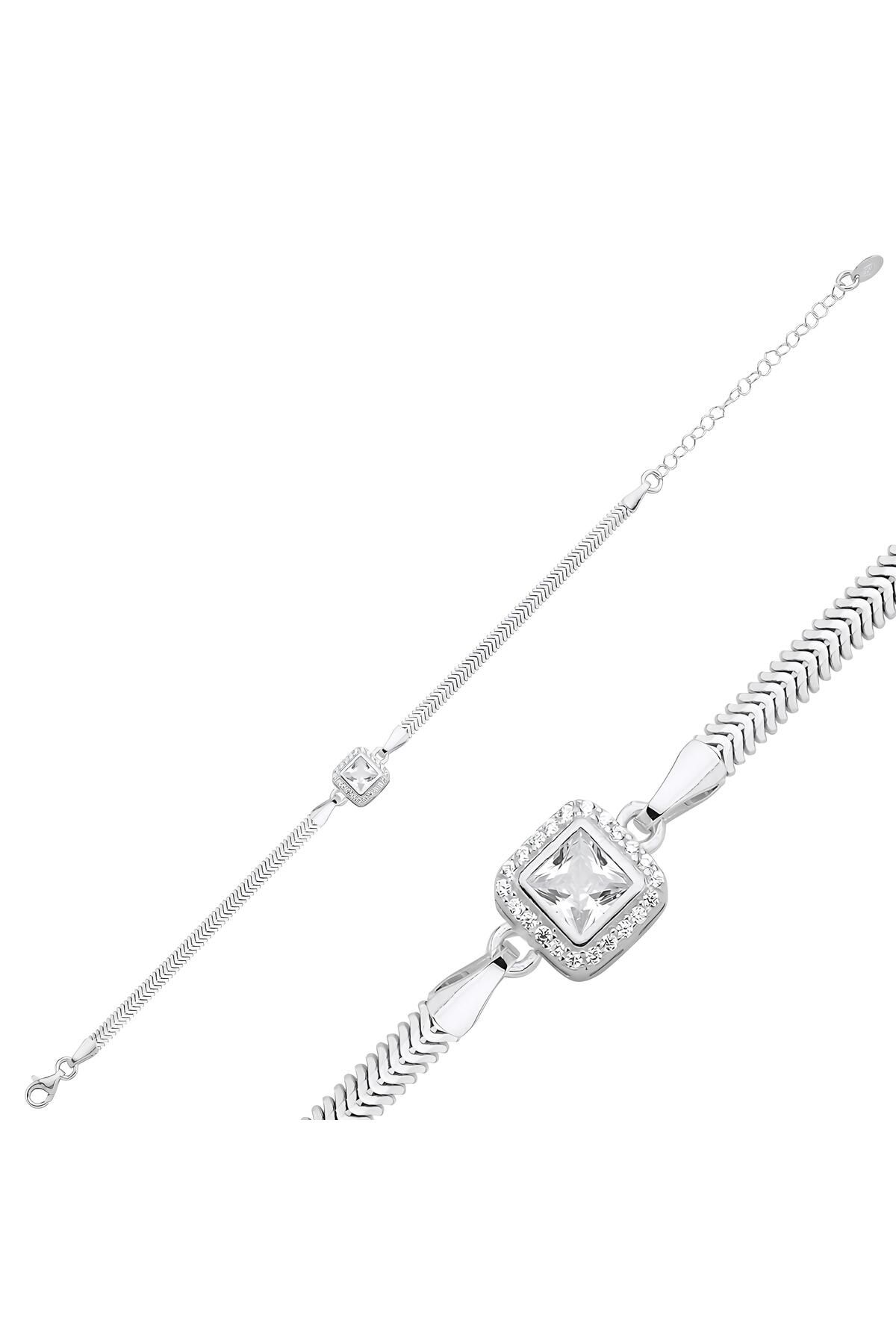 Janset S925 Ayar Halo Zirkon Taşlı Balık Sırtı Zincirli Gümüş Bileklik - İtalyan Ezme Zincirli Bileklik