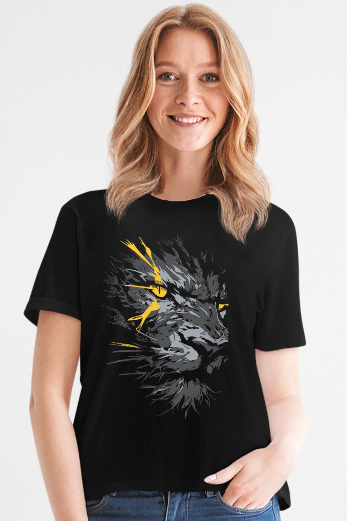 ROCKANDROLL Sarı Gözlü Arslan Siyah Kısa Kollu Kadın T-shirt