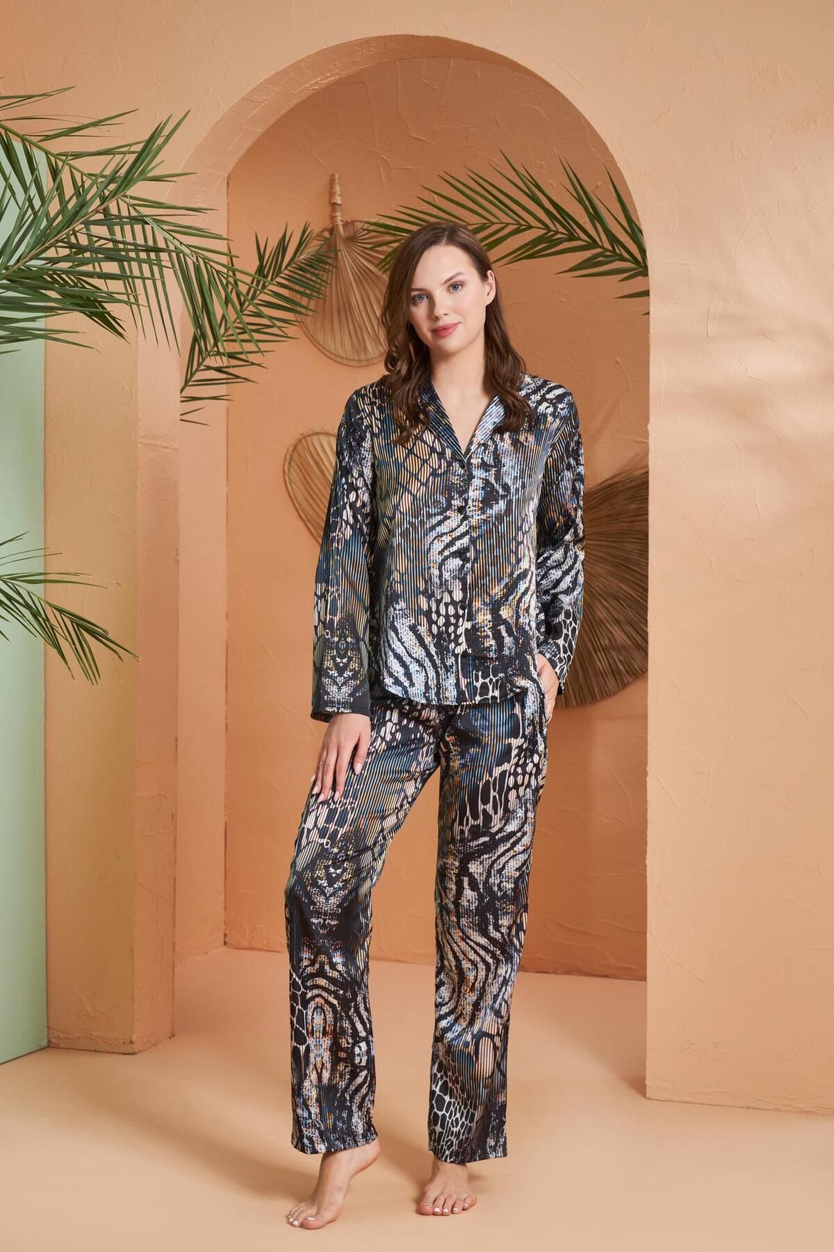 PJS Kadın Özel Kutulu Saten Önden Düğmeli Uzun Kollu Pijama Takım